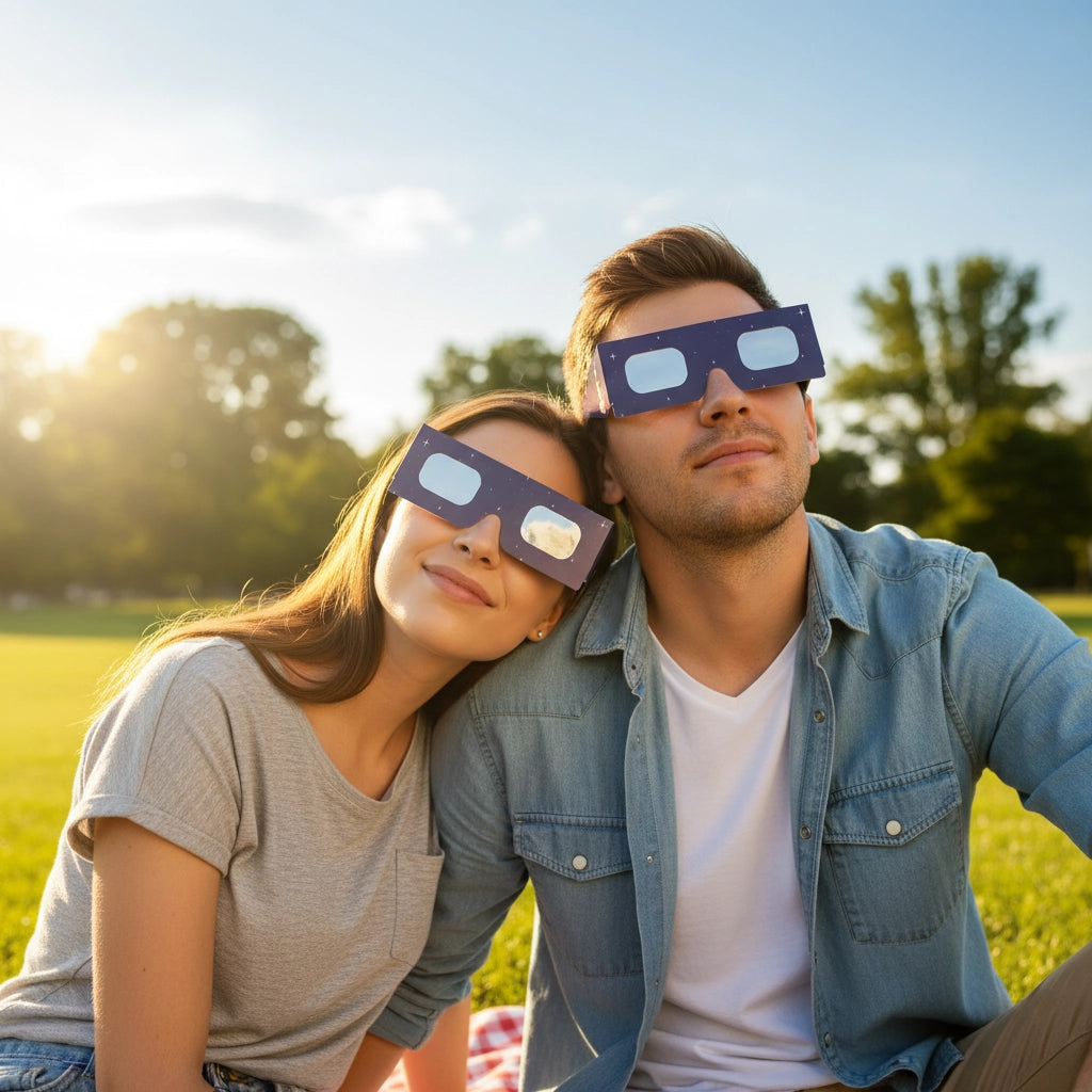 A young couple enjoying a sunny park day, both wearing Rocketrider glasses, looking up with joy. Aug 12, 2026.