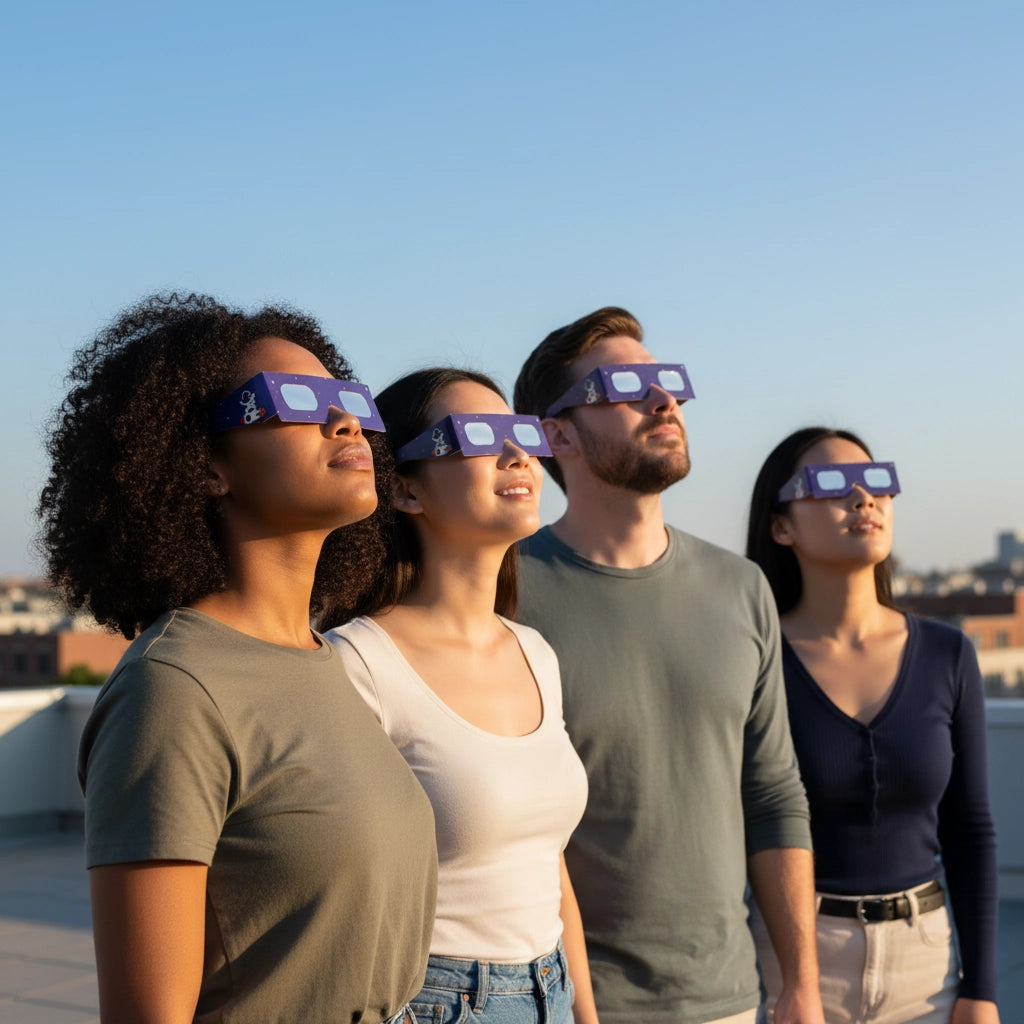 Friends gathered on a rooftop, all wearing Rocketrider glasses, captivated by the bright sky above. CE certified.