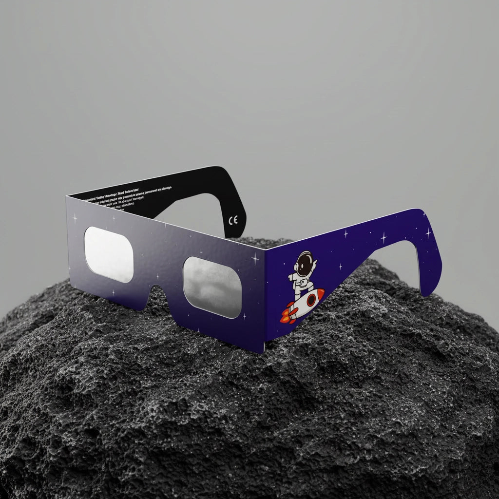 Solar eclipse glasses resting on a textured rock surface, showcasing ISO 12312-2 certified design.