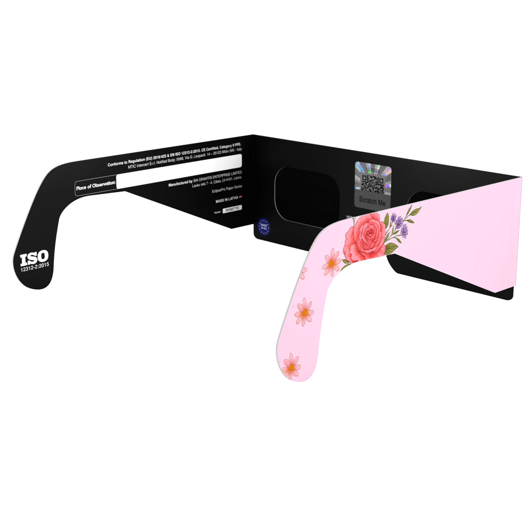 Back-side angle view of rosette eclipse glasses with QR authenticity sticker visible, showcasing the decorative design.
