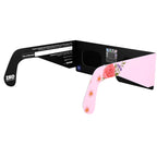 Back-side angle view of rosette eclipse glasses with QR authenticity sticker visible, showcasing the decorative design.