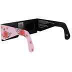 Back-side alternate angle view of rosette eclipse glasses featuring the floral pattern, with QR sticker visible.