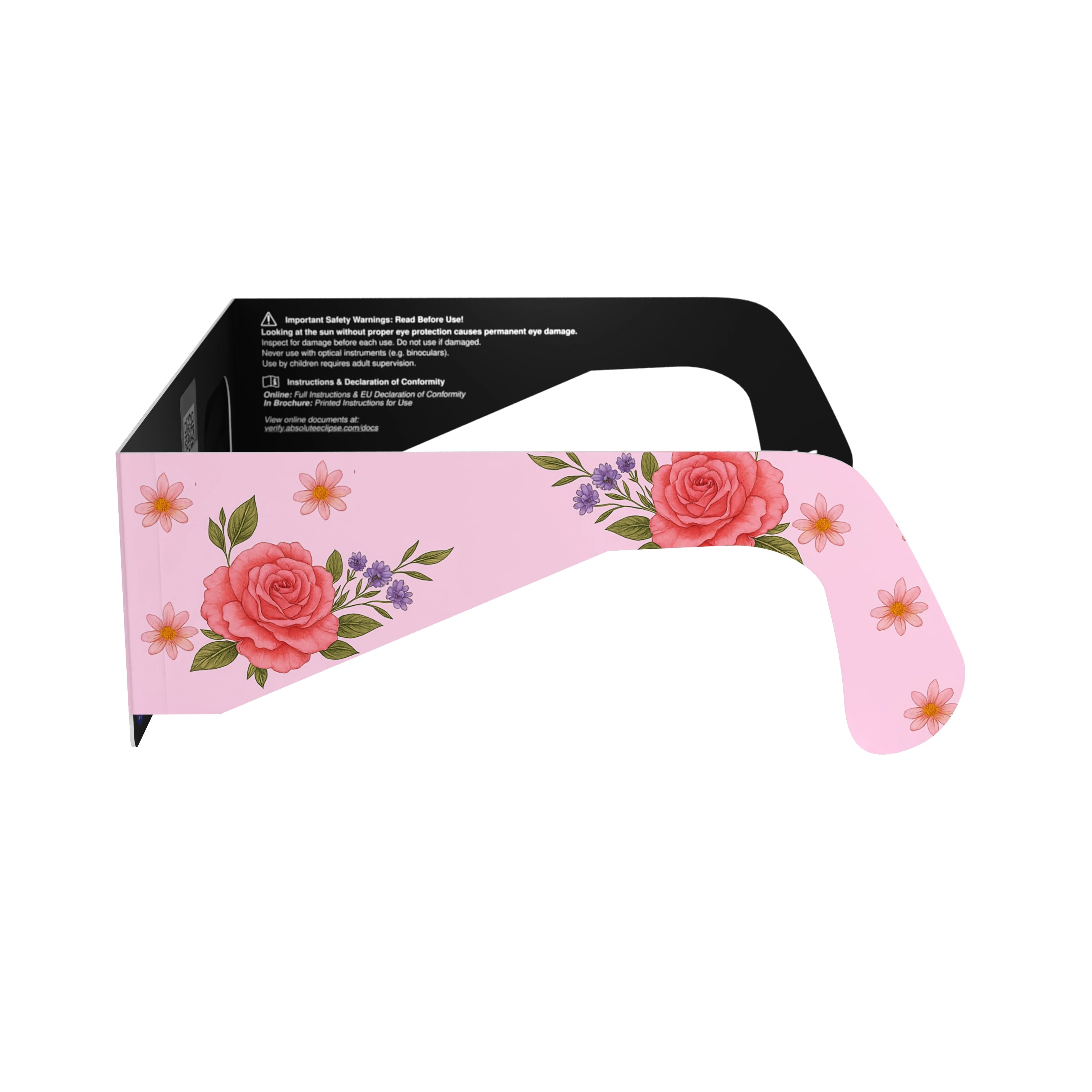 Side alternate profile of rosette-design eclipse glasses, showcasing the elegant floral details. CE certified for safety.