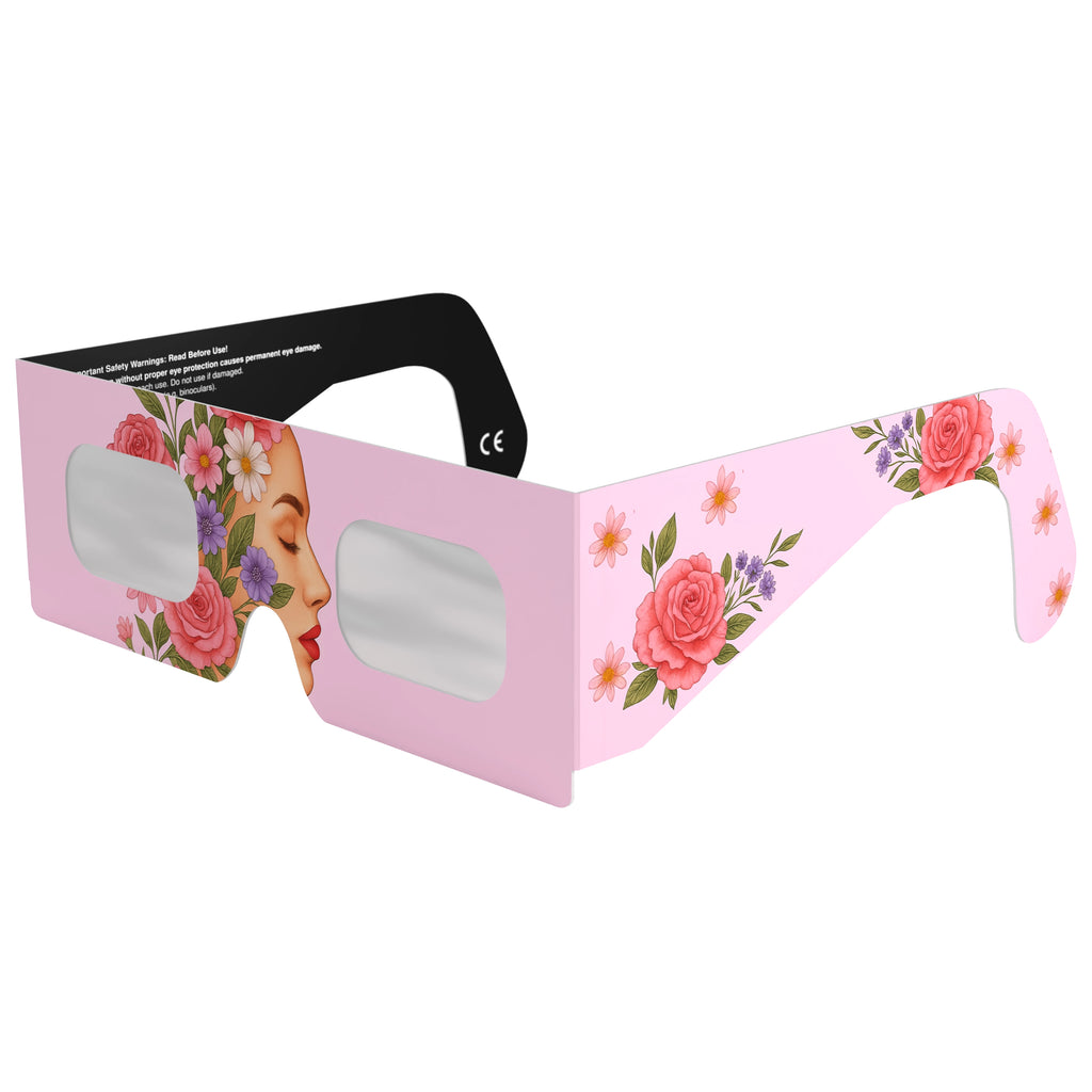 Front-side view of rosette eclipse glasses highlighting the ornamental design. ISO 12312-2 certified for safe solar viewing.