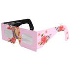Front-side view of rosette eclipse glasses highlighting the ornamental design. ISO 12312-2 certified for safe solar viewing.
