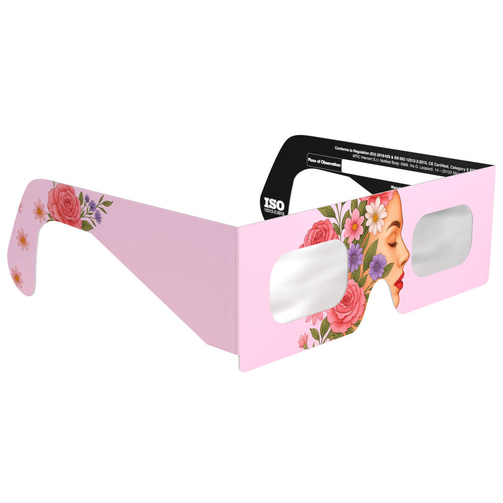 45-degree angle view of rosette-design eclipse glasses showcasing the ornamental pattern. CE certified for safe solar viewing.