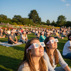 A large group at a public viewing event wearing rosette eclipse glasses, looking up in awe in a vibrant garden setting. Safe for viewing the eclipse.