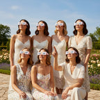 A group of stylish women wearing rosette eclipse glasses at a garden party, looking up with joy on a sunny afternoon. Safe for solar viewing.