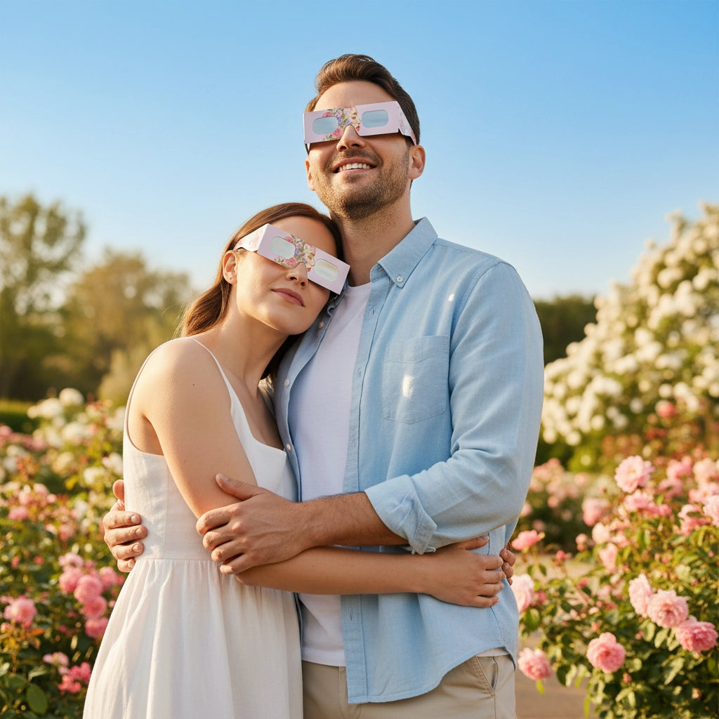 A couple in a botanical garden wearing rosette-design eclipse glasses, sharing a moment of wonder under sunny skies. Perfect for August 12, 2026.