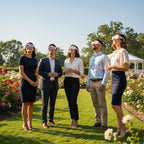 Four adults at a corporate garden party wearing rosette design eclipse glasses, sharing smiles and wonder under the clear sky, ideal for August 12, 2026.
