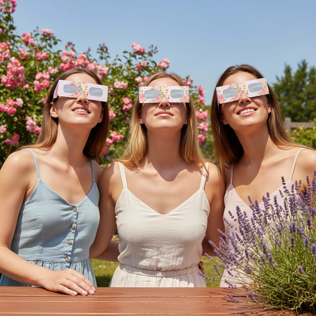Three friends on a sunny deck, wearing rosette eclipse glasses, looking up in awe at the bright sky, perfect for the European event on August 12, 2026.