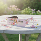 Elegant rosette-design solar eclipse glasses showcased on a weathered wooden table, surrounded by rose petals. CE certified for safe viewing.