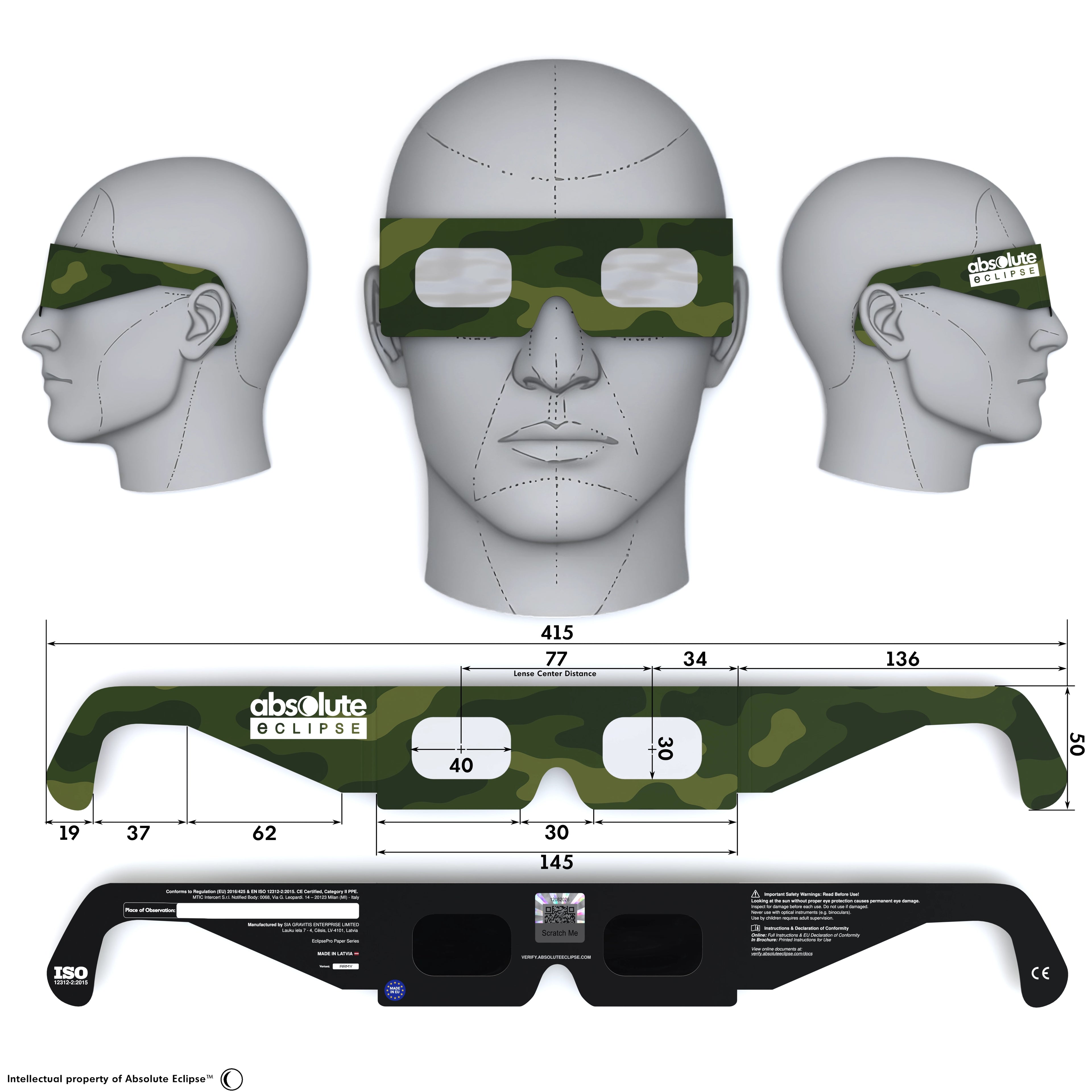 Solar Eclipse Glasses with Army design, CE Certified and ISO Compliant - Back and Front View