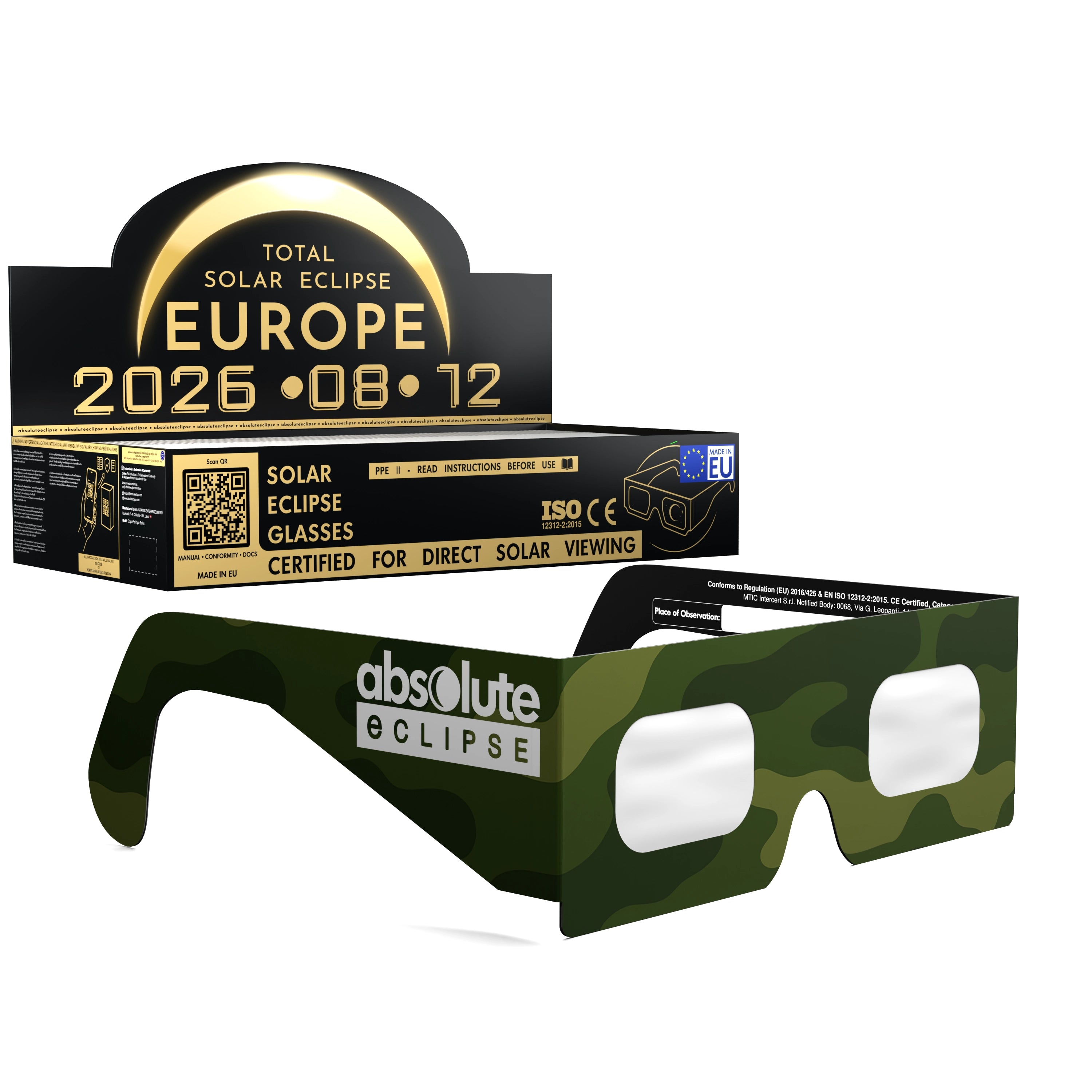Solar Eclipse Glasses with Army design, CE Certified and ISO Compliant - Packaging Image of 100-Pack