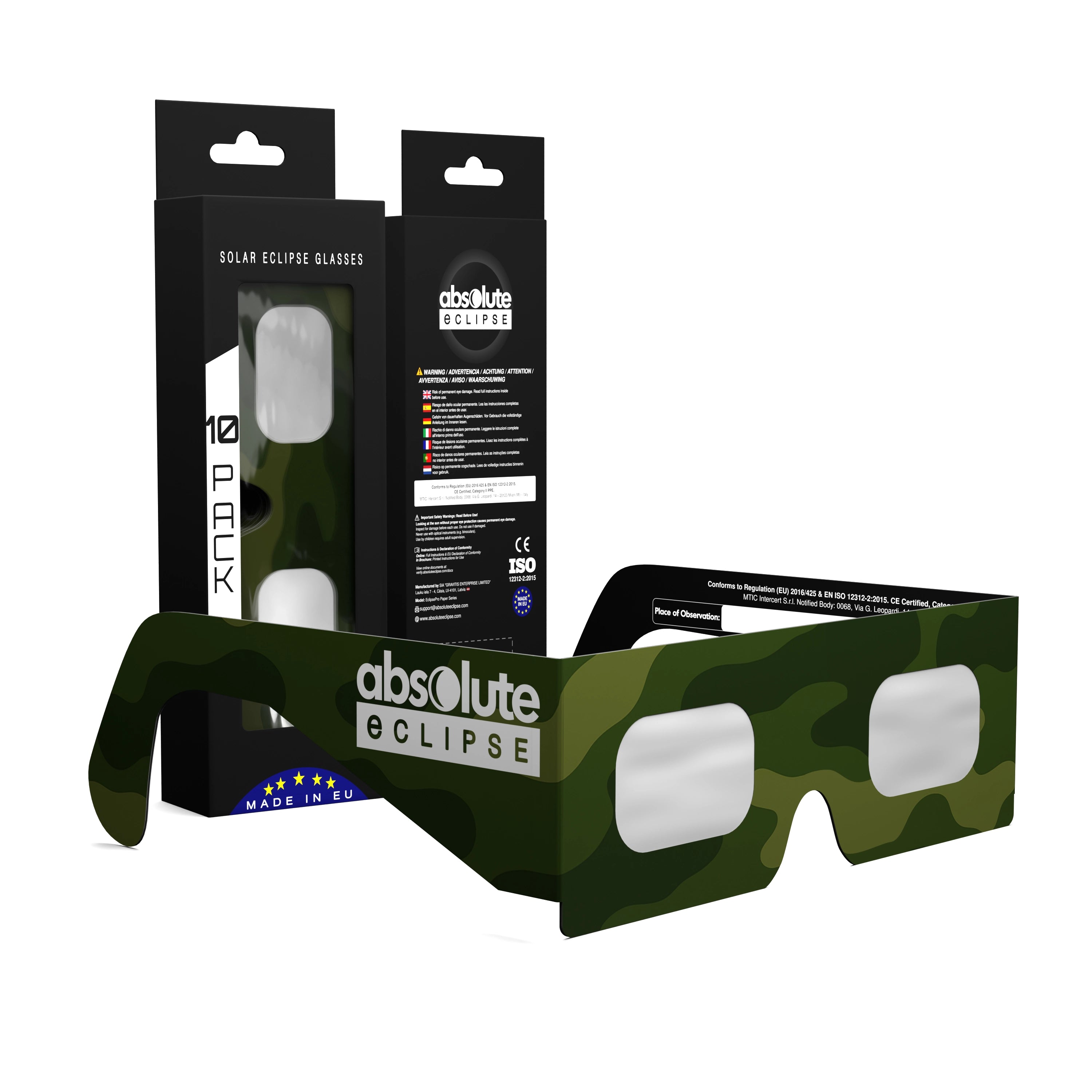 Solar Eclipse Glasses with Army design, CE Certified and ISO Compliant - Packaging Image of 10-Pack