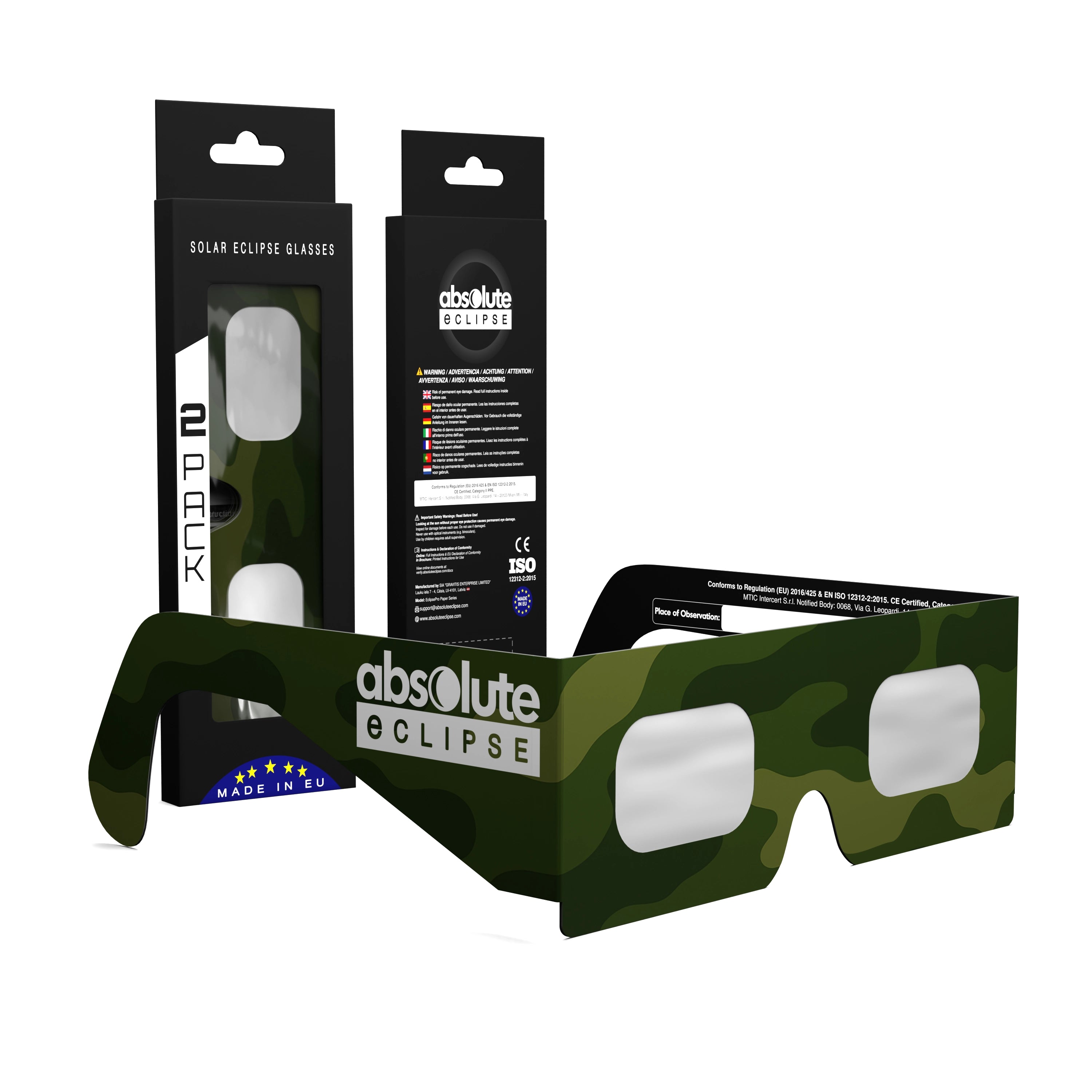 Solar Eclipse Glasses with Army design, CE Certified and ISO Compliant - Packaging Image of 2-Pack