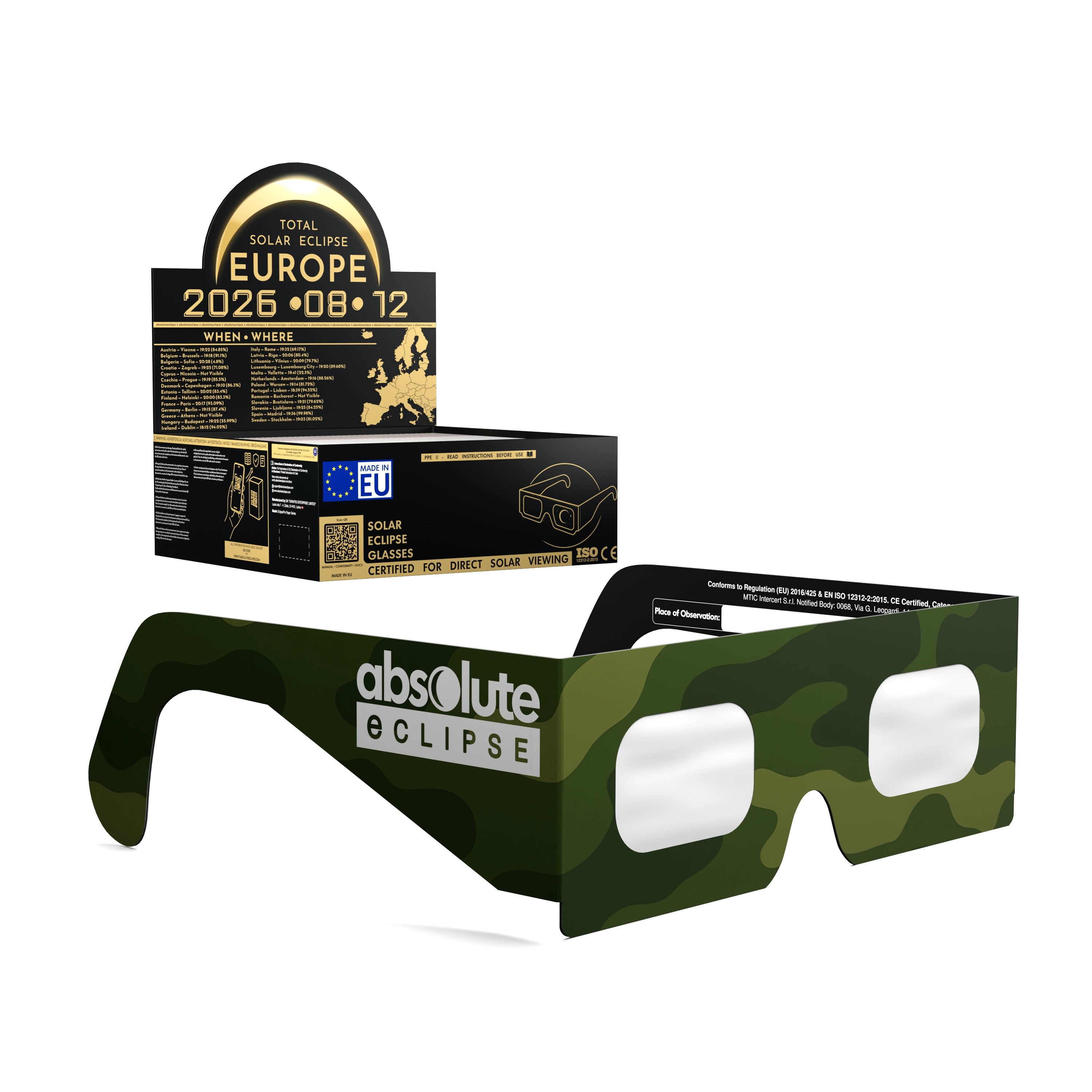 Solar Eclipse Glasses with Army design, CE Certified and ISO Compliant - Packaging Image of 50-Pack