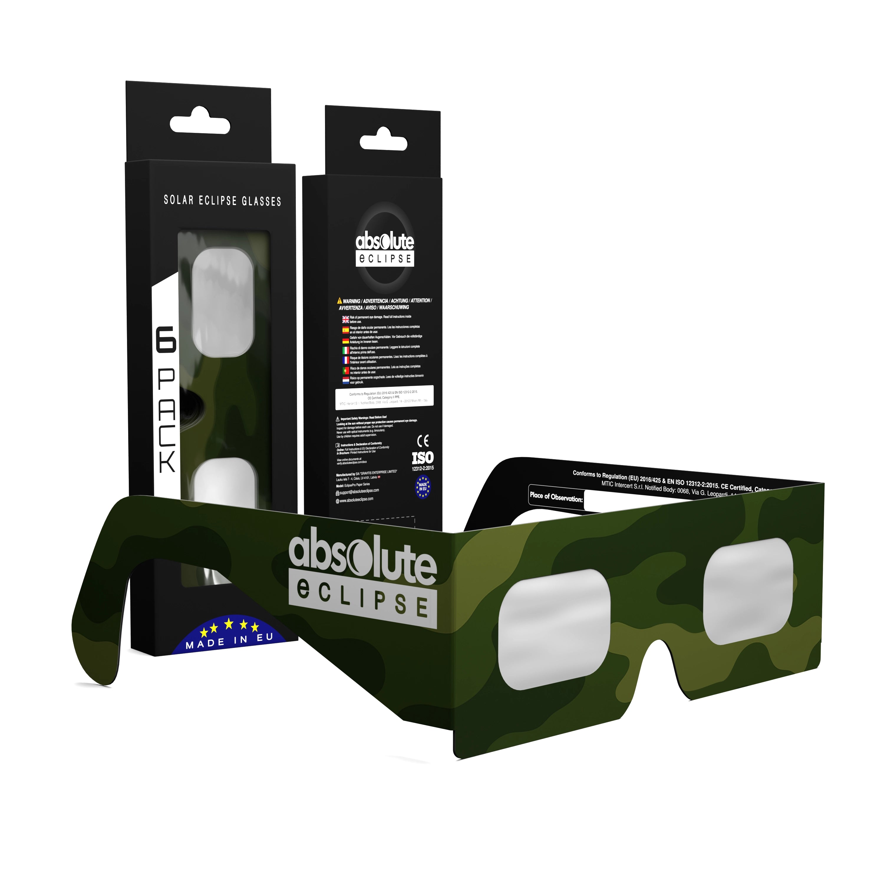 Solar Eclipse Glasses with Army design, CE Certified and ISO Compliant - Packaging Image of 6-Pack