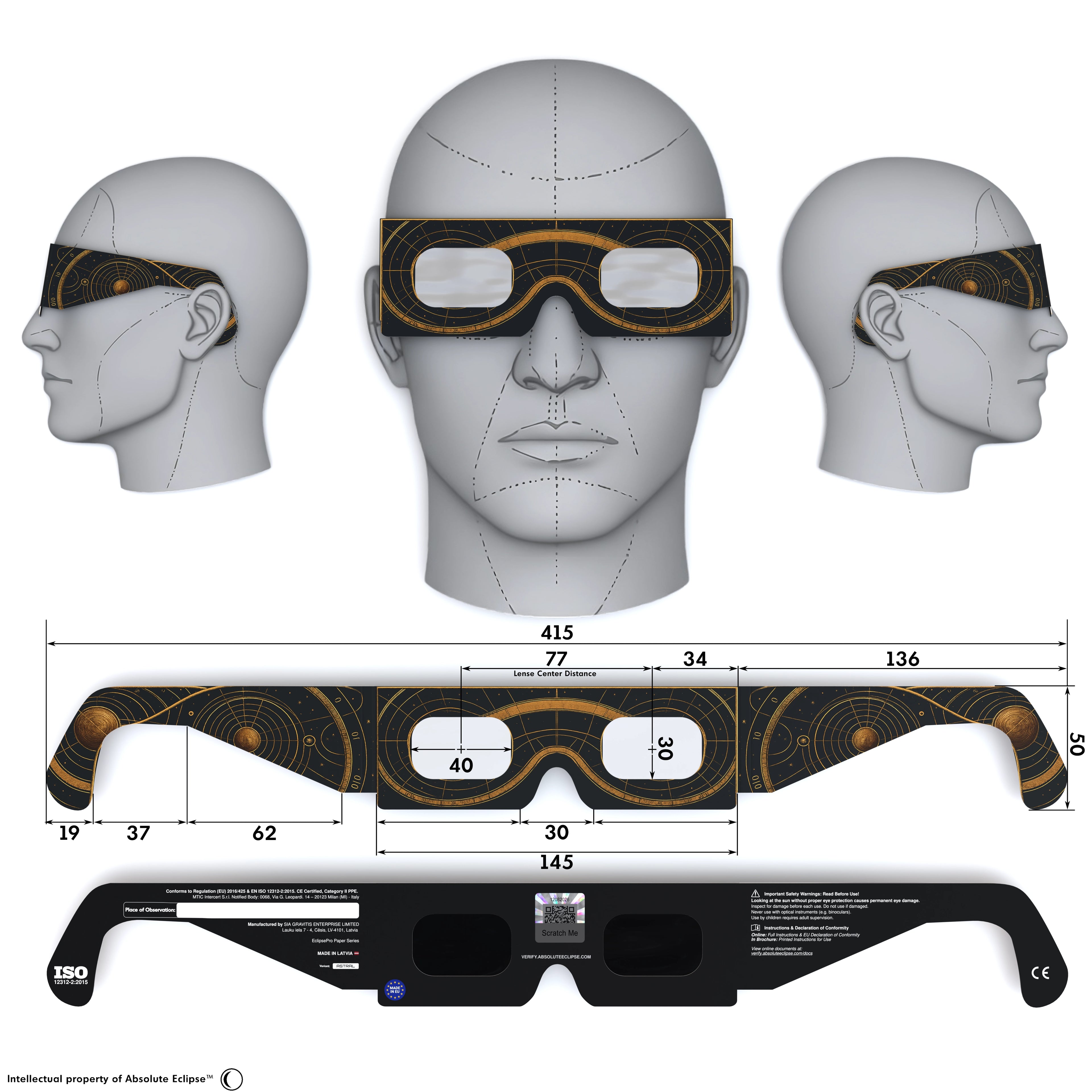 Solar Eclipse Glasses with Astral design, CE Certified and ISO Compliant - Back and Front View