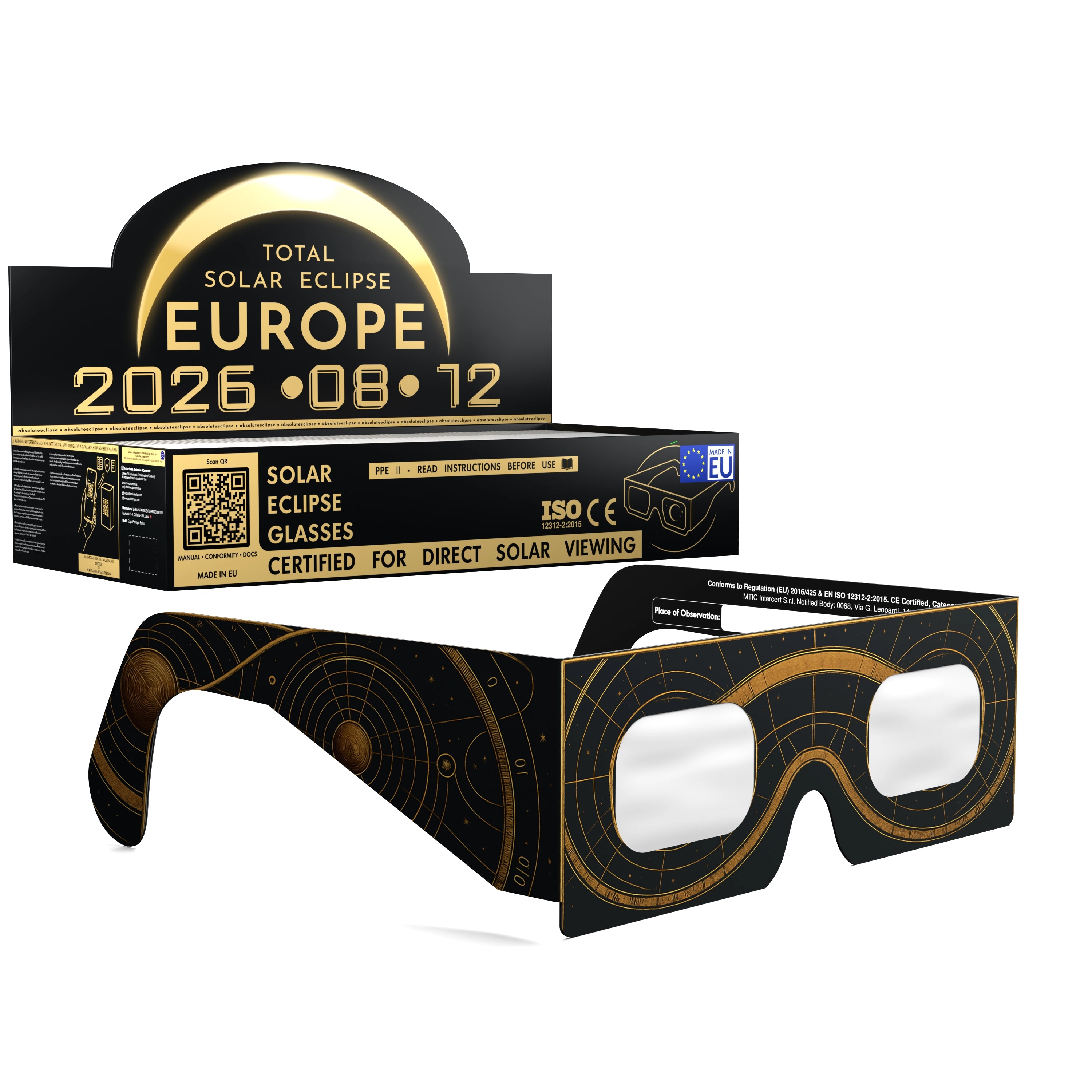Solar Eclipse Glasses with Astral design, CE Certified and ISO Compliant - Packaging Image of 100-Pack
