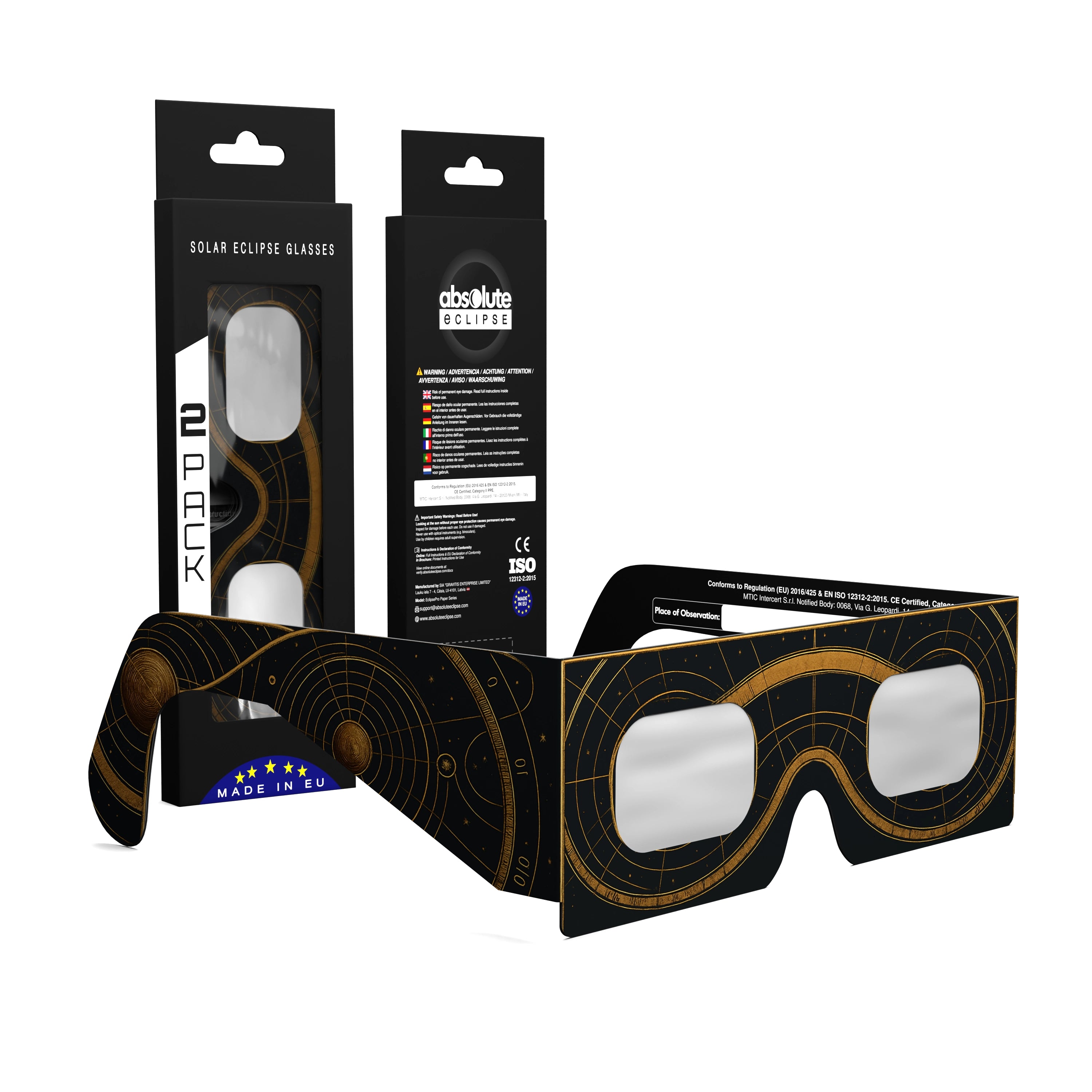 Solar Eclipse Glasses with Astral design, CE Certified and ISO Compliant - Packaging Image of 2-Pack