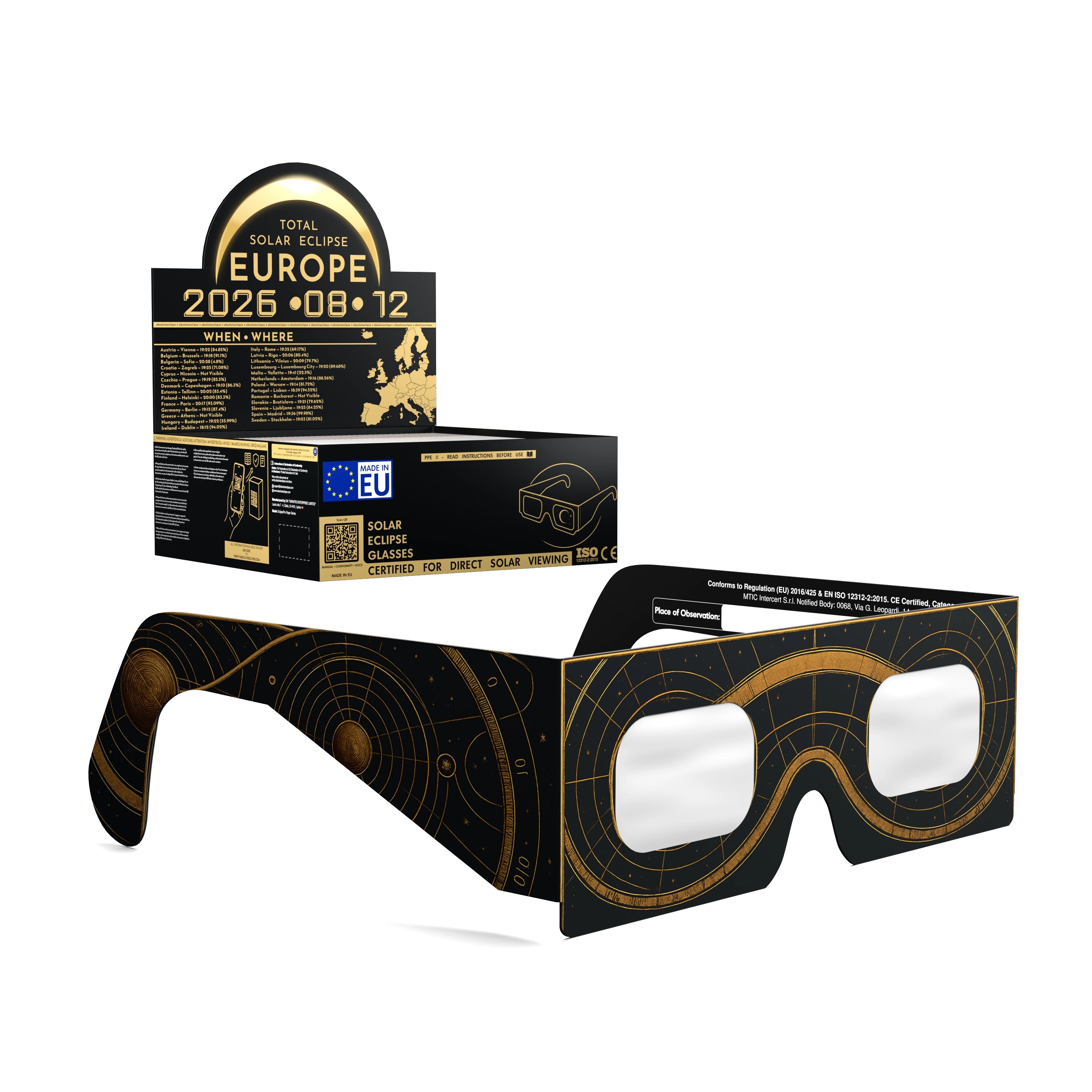 Solar Eclipse Glasses with Astral design, CE Certified and ISO Compliant - Packaging Image of 50-Pack