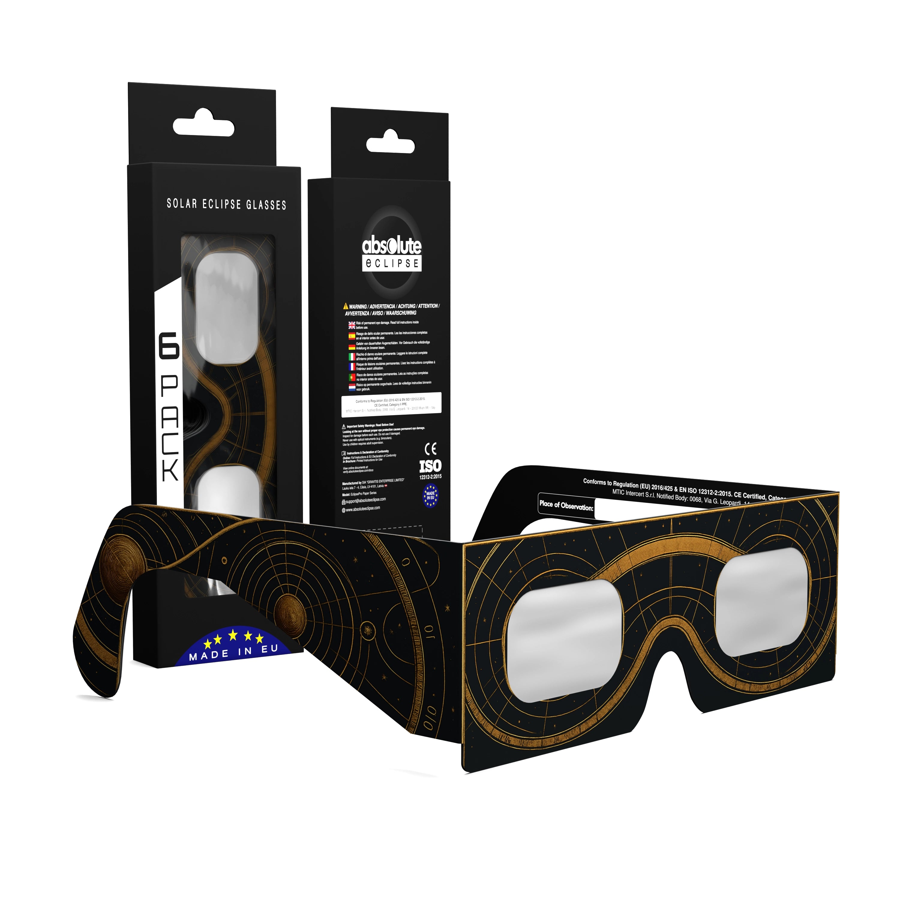 Solar Eclipse Glasses with Astral design, CE Certified and ISO Compliant - Packaging Image of 6-Pack