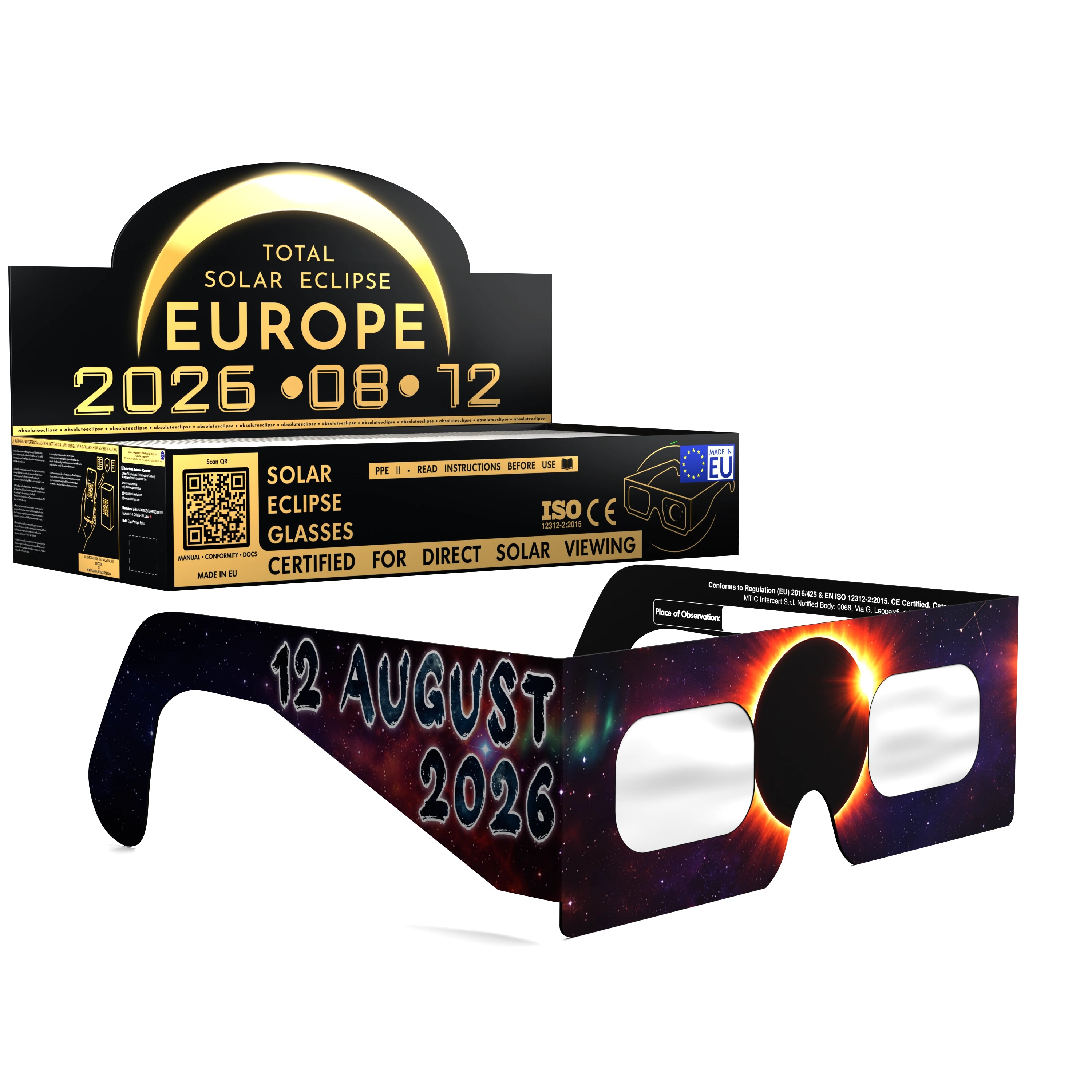 Solar Eclipse Glasses with Aurora design, CE Certified and ISO Compliant - Packaging Image of 100-Pack