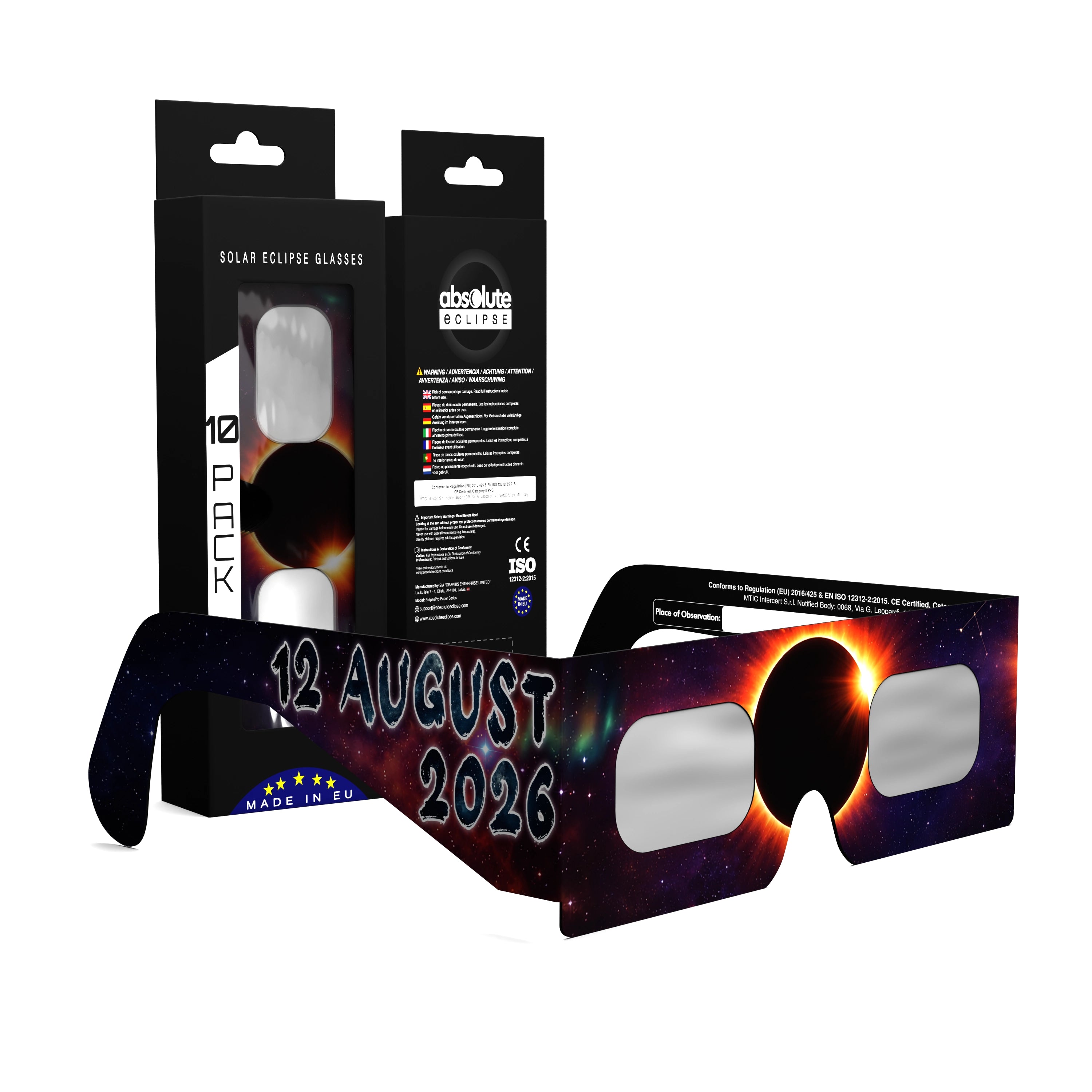 Solar Eclipse Glasses with Aurora design, CE Certified and ISO Compliant - Packaging Image of 10-Pack