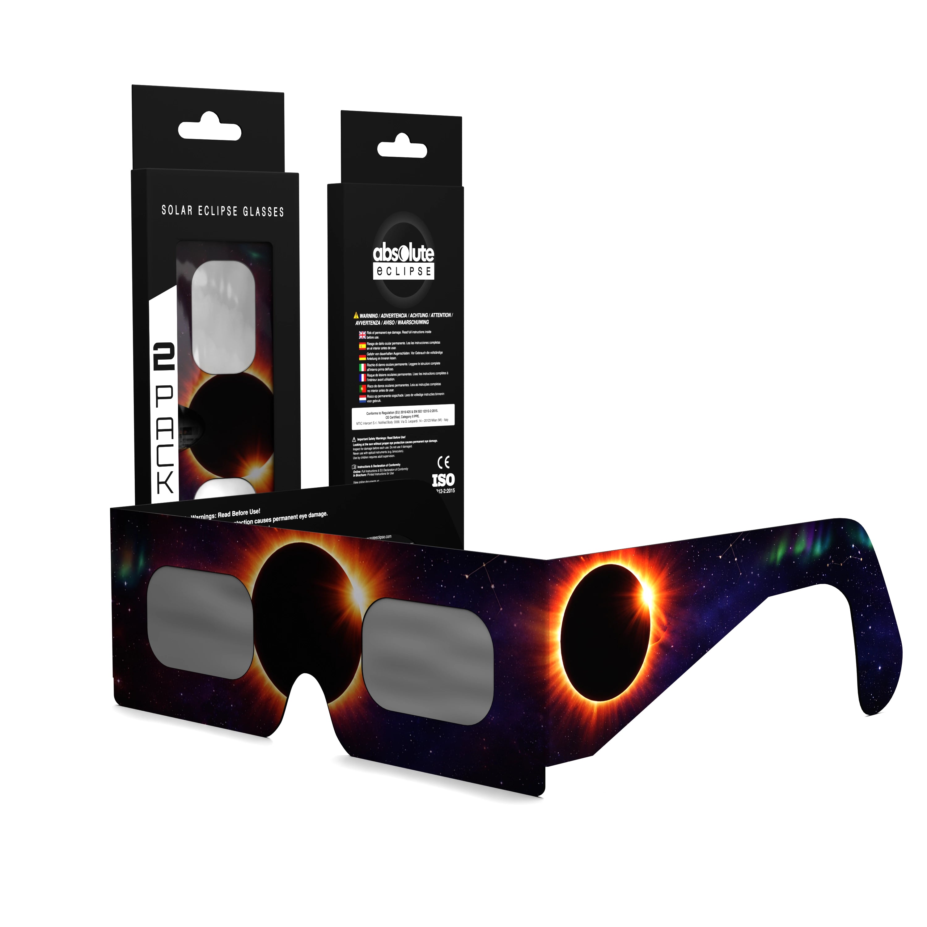 Solar Eclipse Glasses with Aurora design, CE Certified and ISO Compliant - Packaging Image of 2-Pack