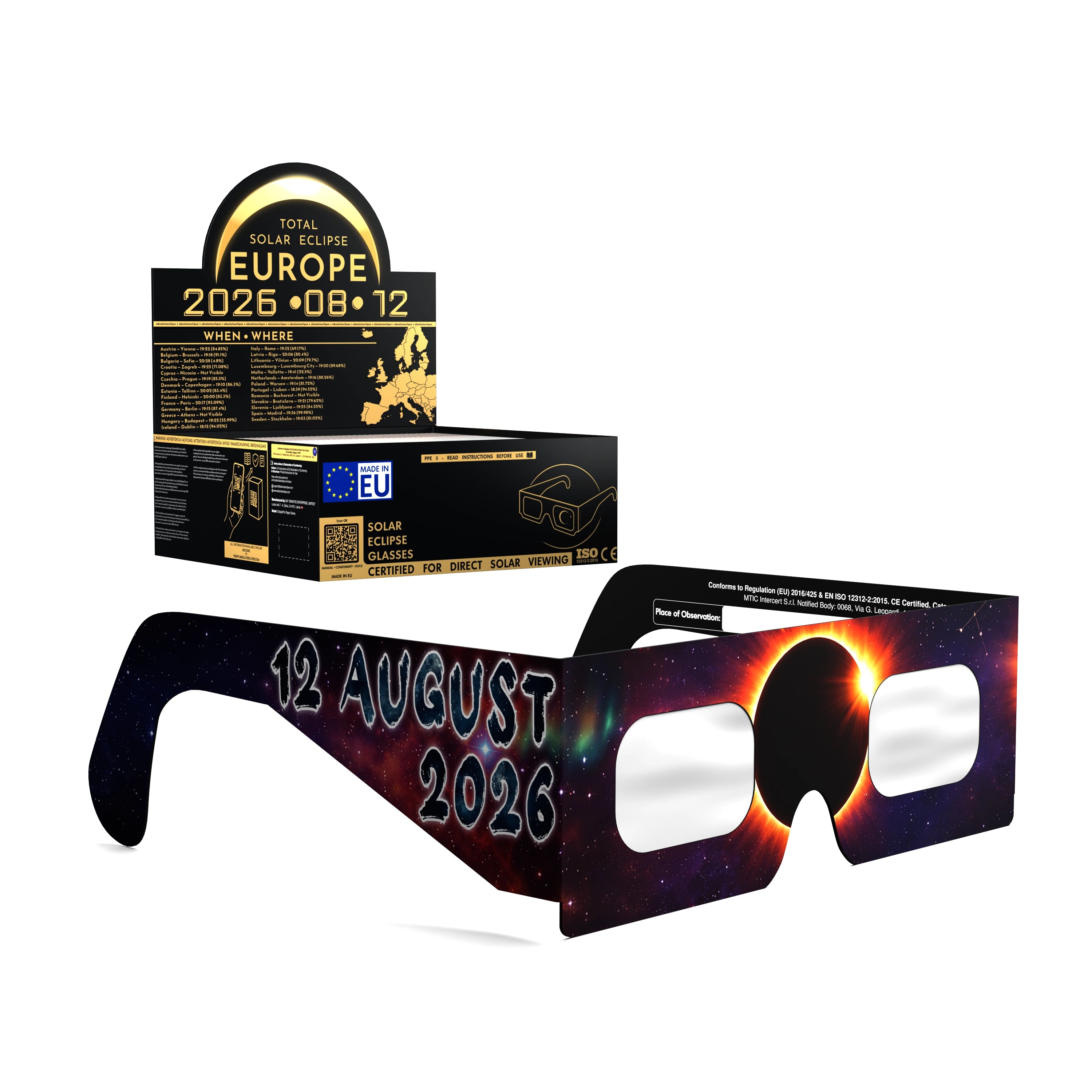 Solar Eclipse Glasses with Aurora design, CE Certified and ISO Compliant - Packaging Image of 50-Pack