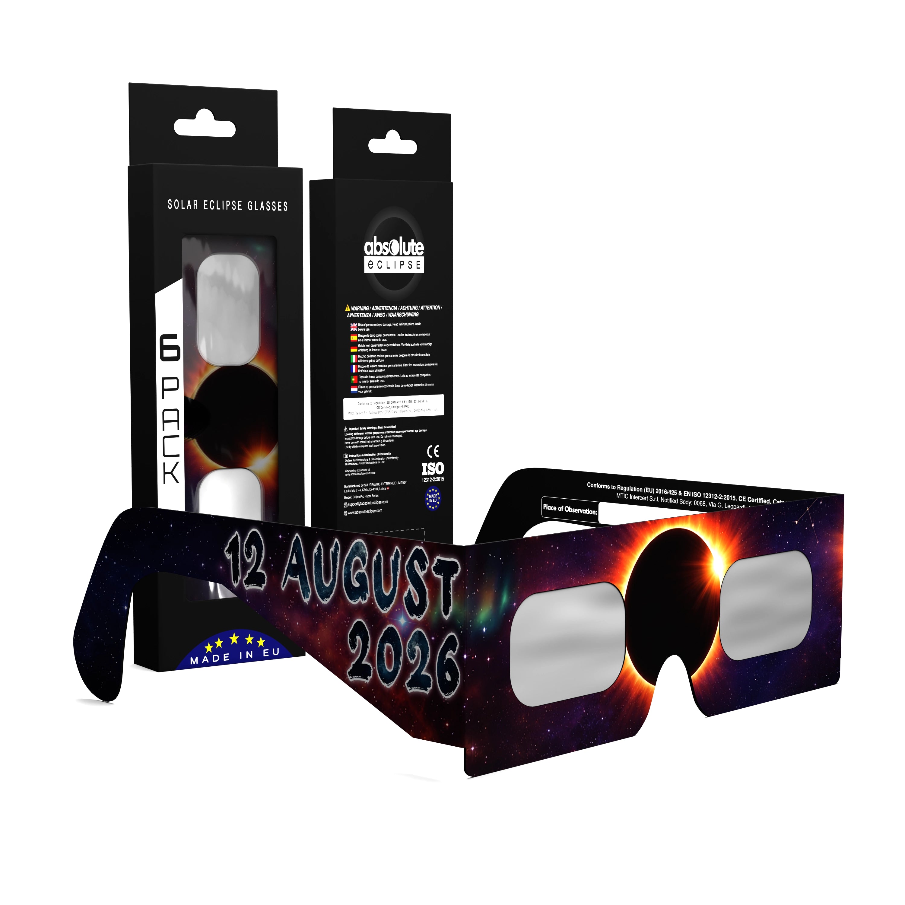 Solar Eclipse Glasses with Aurora design, CE Certified and ISO Compliant - Packaging Image of 6-Pack