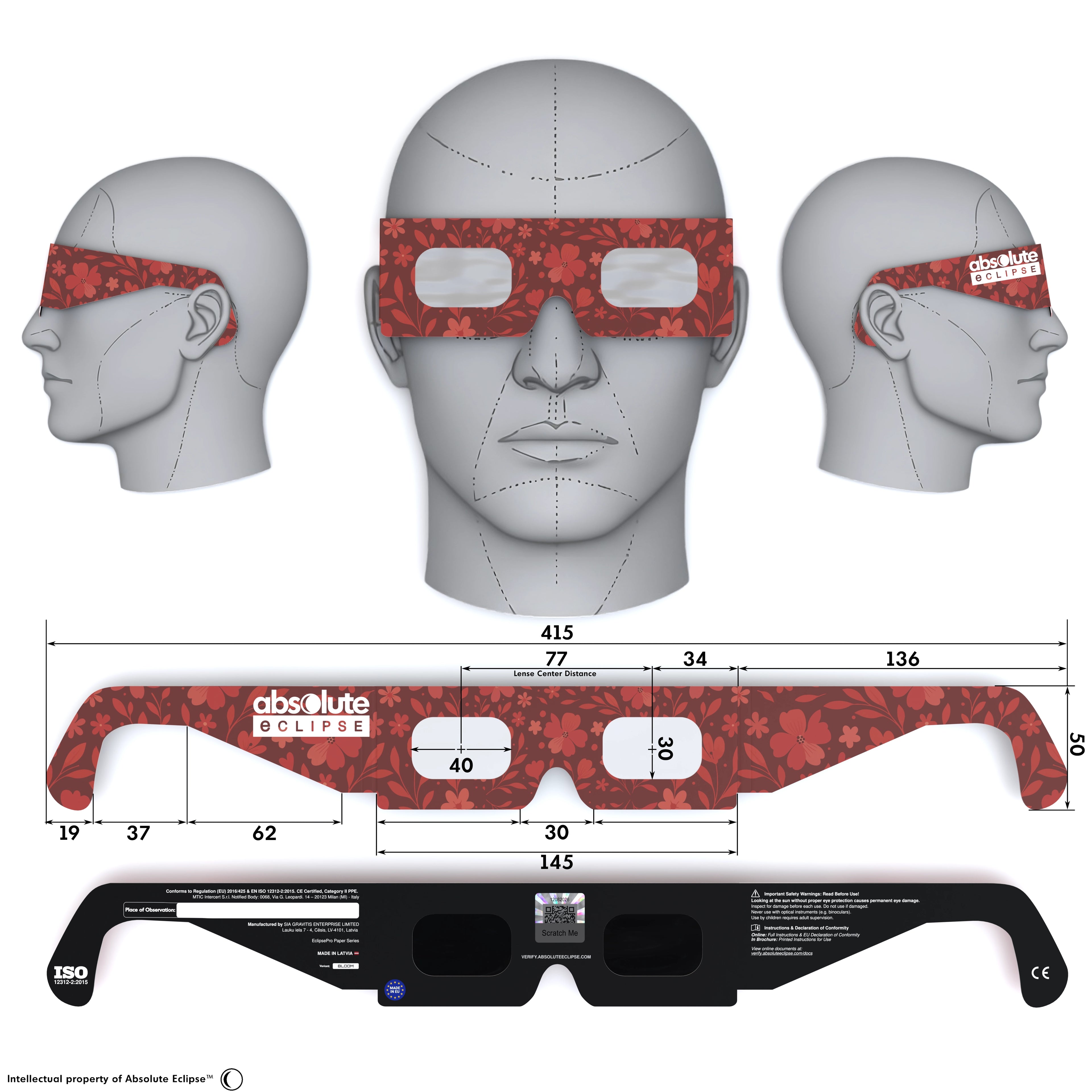 Solar Eclipse Glasses with Bloom design, CE Certified and ISO Compliant - Back and Front View