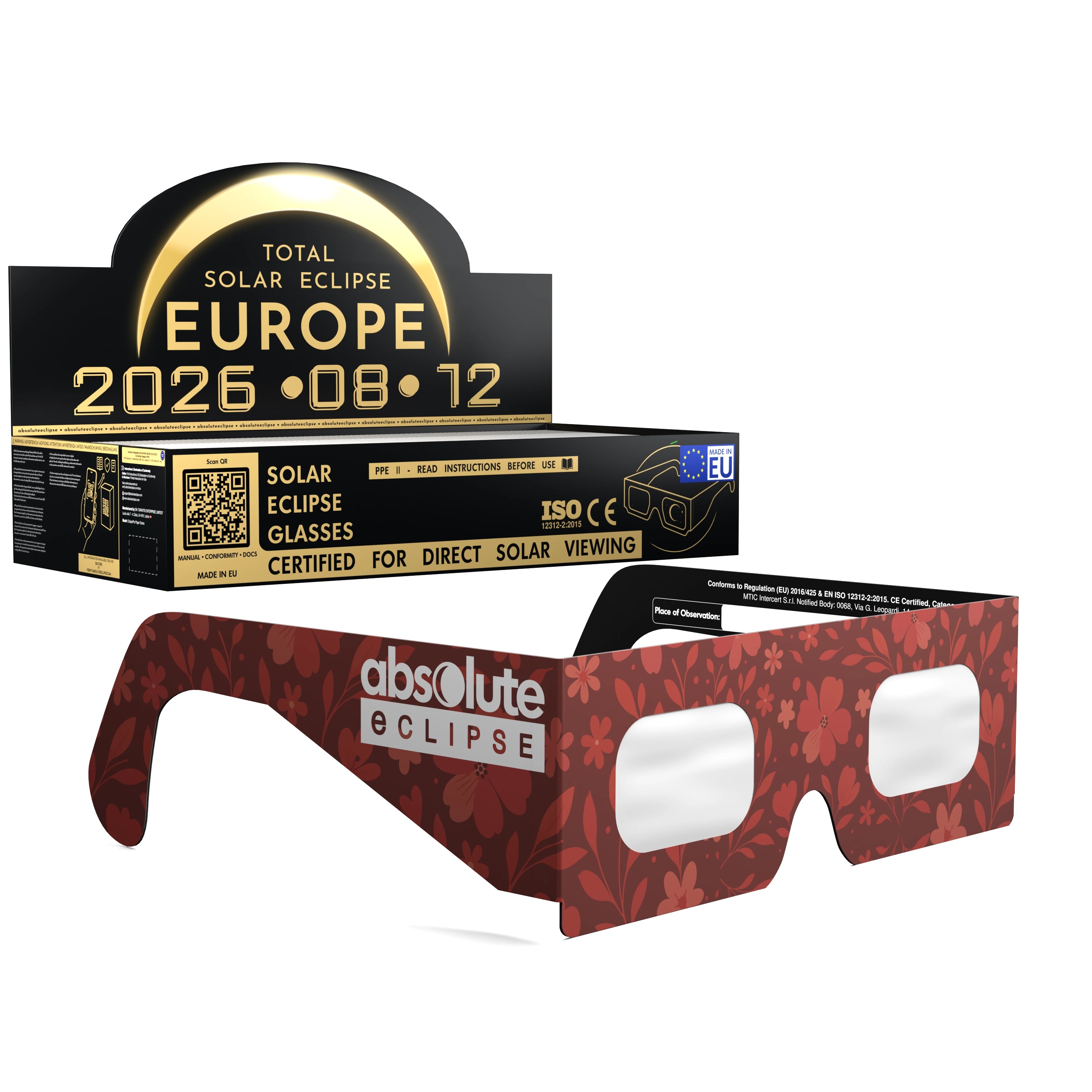 Solar Eclipse Glasses with Bloom design, CE Certified and ISO Compliant - Packaging Image of 100-Pack