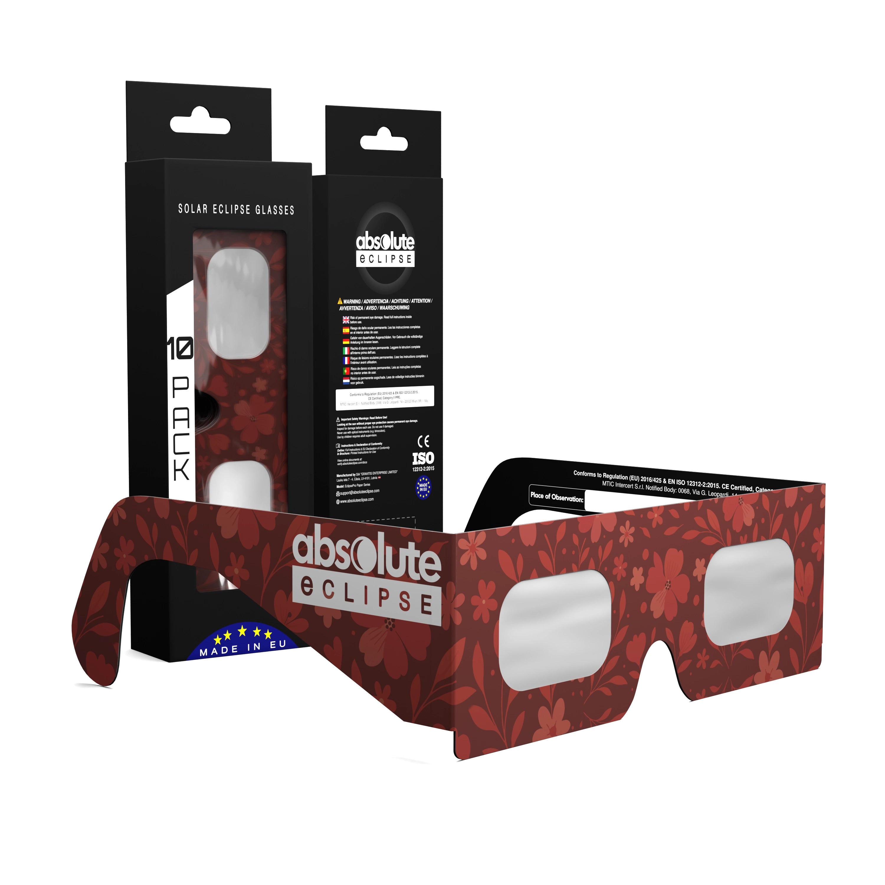 Solar Eclipse Glasses with Bloom design, CE Certified and ISO Compliant - Packaging Image of 10-Pack