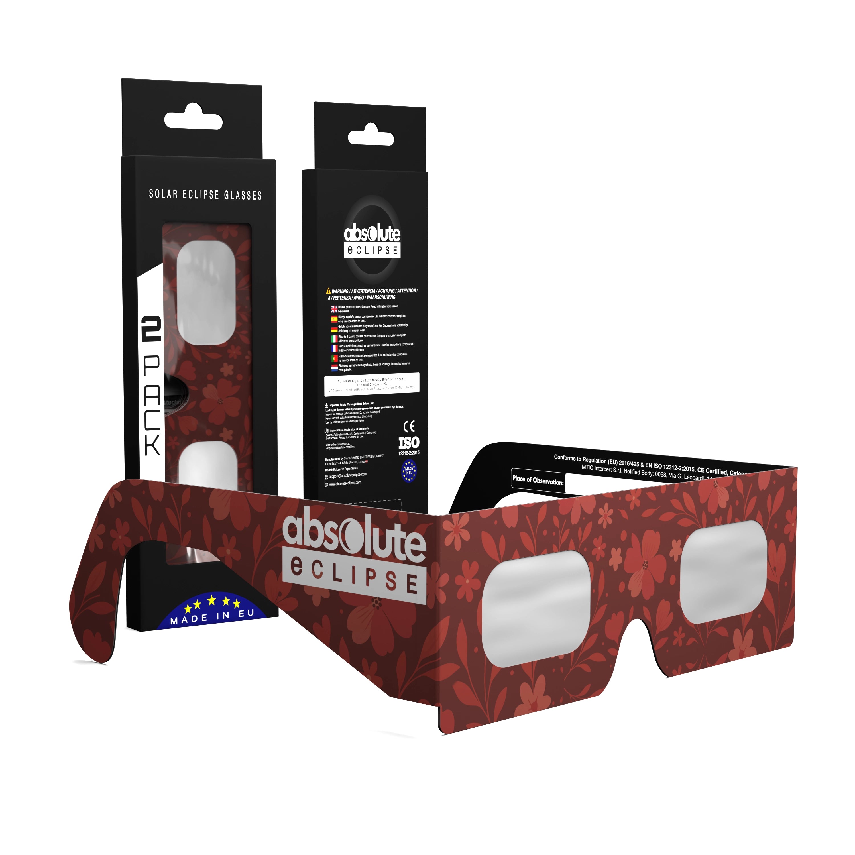 Solar Eclipse Glasses with Bloom design, CE Certified and ISO Compliant - Packaging Image of 2-Pack