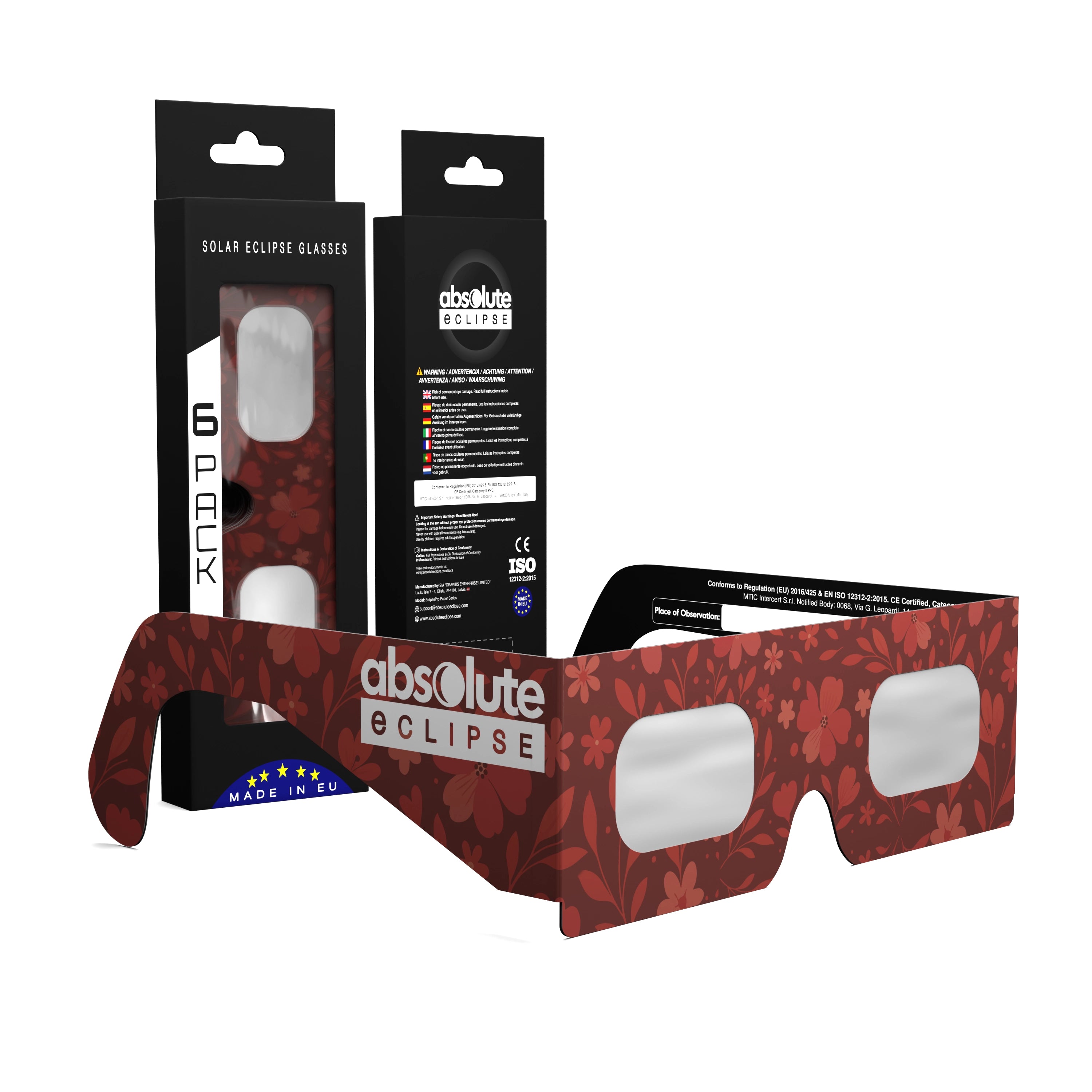 Solar Eclipse Glasses with Bloom design, CE Certified and ISO Compliant - Packaging Image of 6-Pack