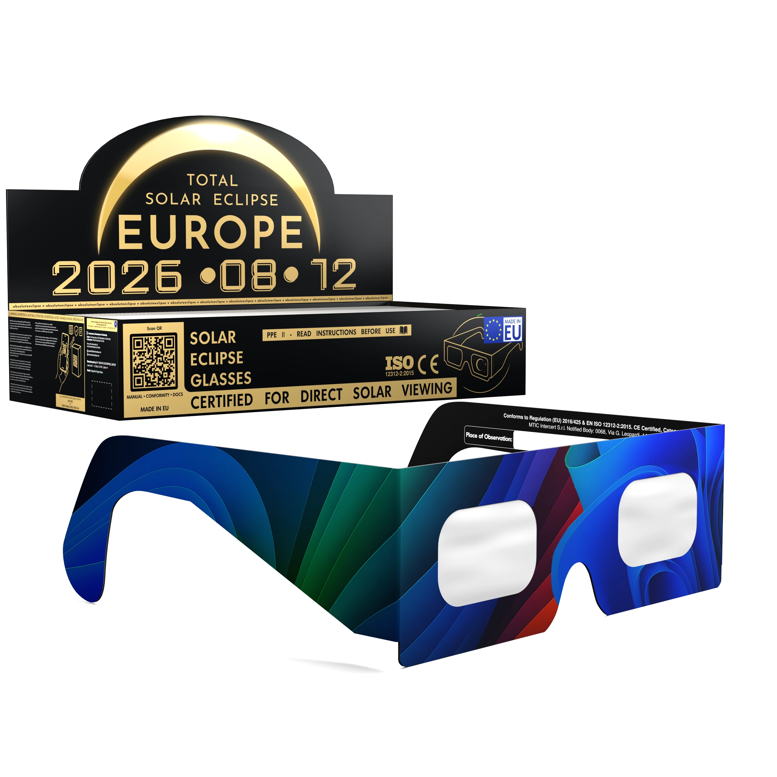 Solar Eclipse Glasses with Breeze design, CE Certified and ISO Compliant - Packaging Image of 100-Pack