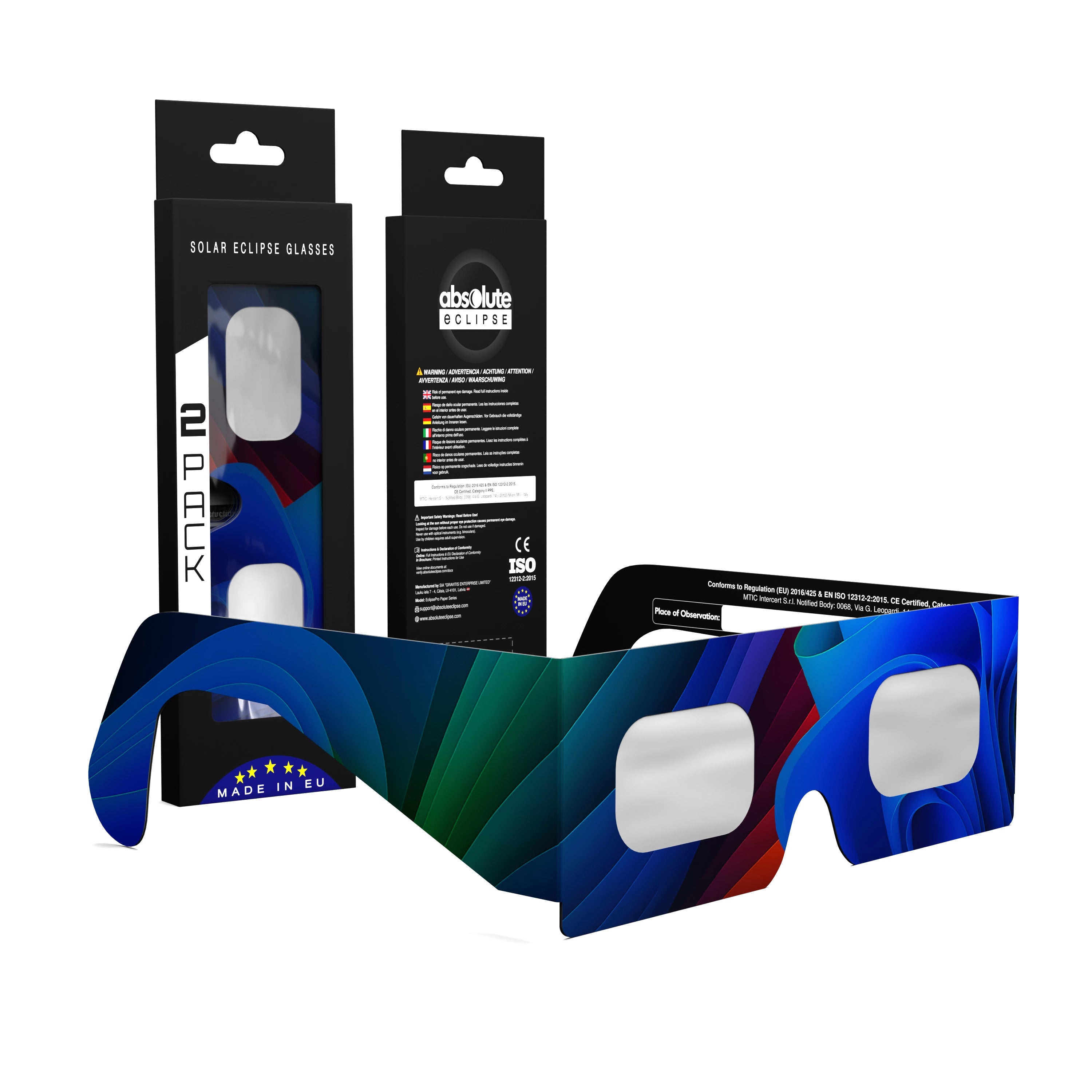 Solar Eclipse Glasses with Breeze design, CE Certified and ISO Compliant - Packaging Image of 2-Pack