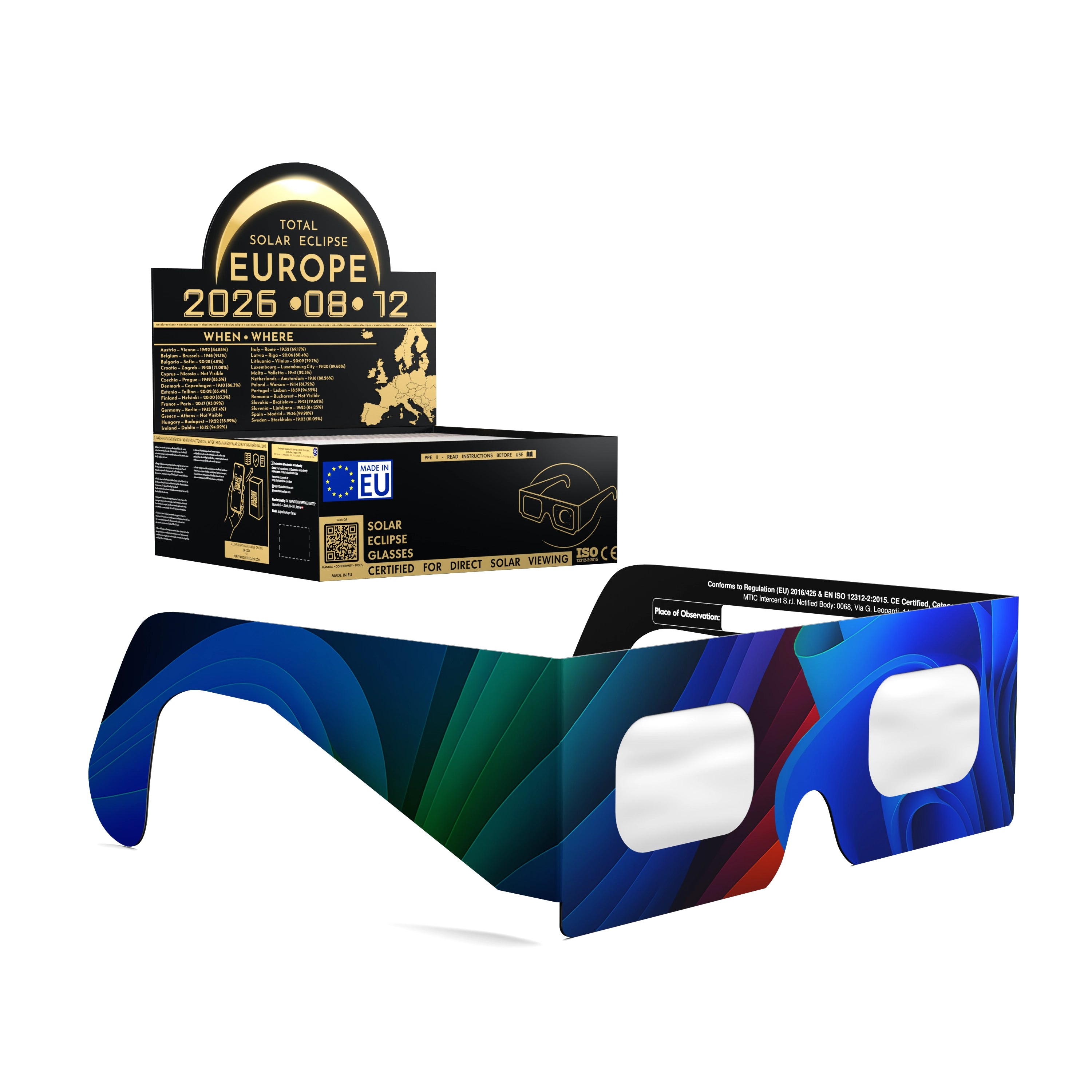 Solar Eclipse Glasses with Breeze design, CE Certified and ISO Compliant - Packaging Image of 50-Pack