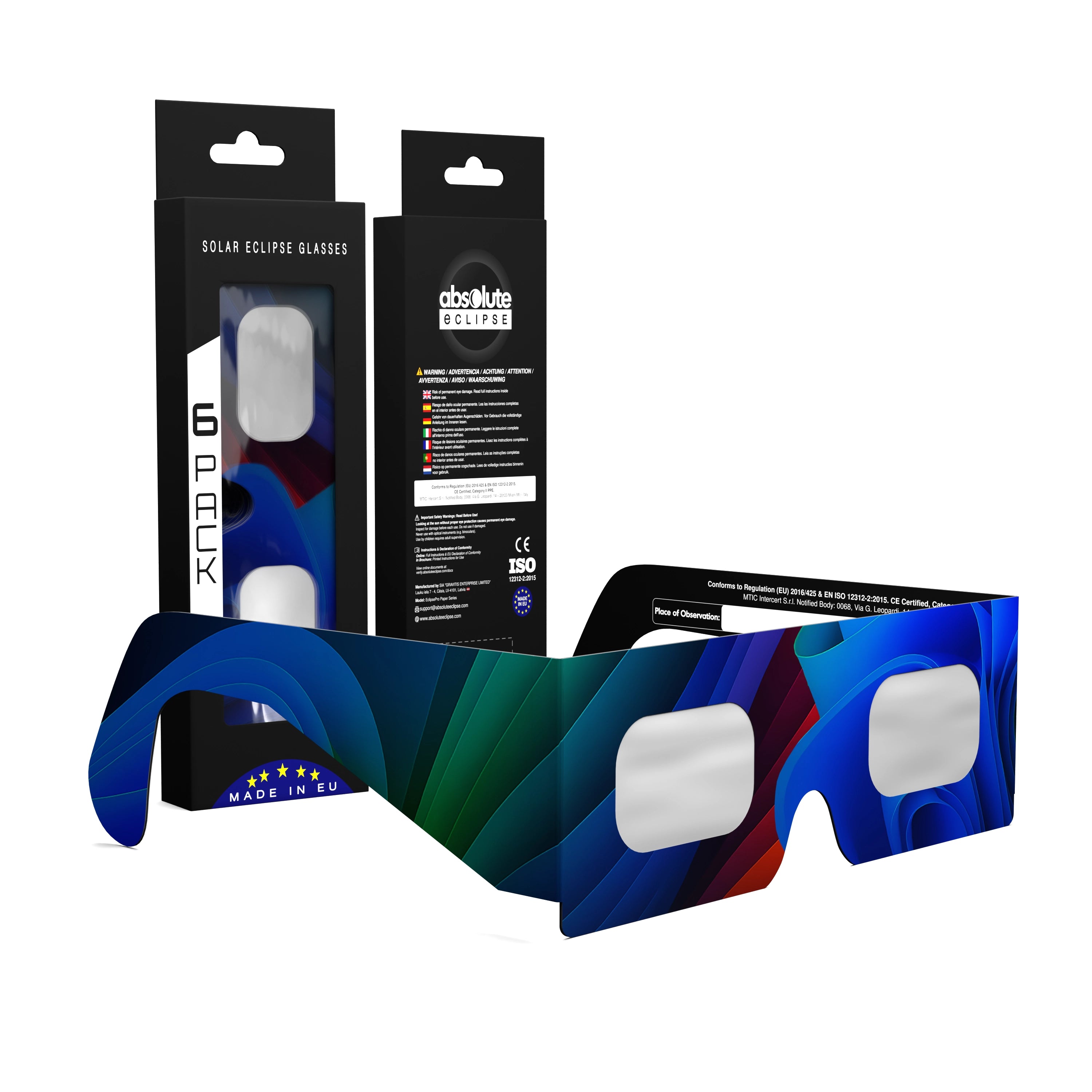 Solar Eclipse Glasses with Breeze design, CE Certified and ISO Compliant - Packaging Image of 6-Pack