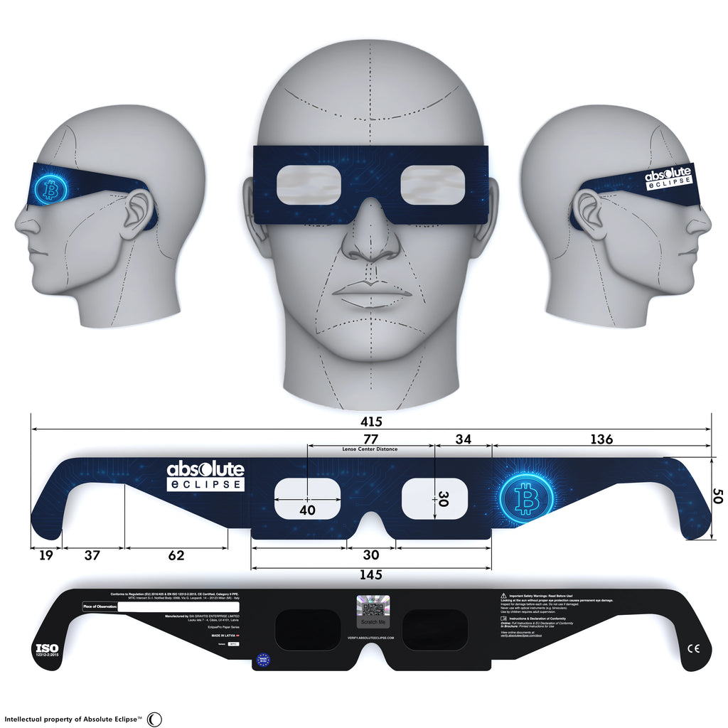 Solar Eclipse Glasses with BTC design, CE Certified and ISO Compliant - Back and Front View