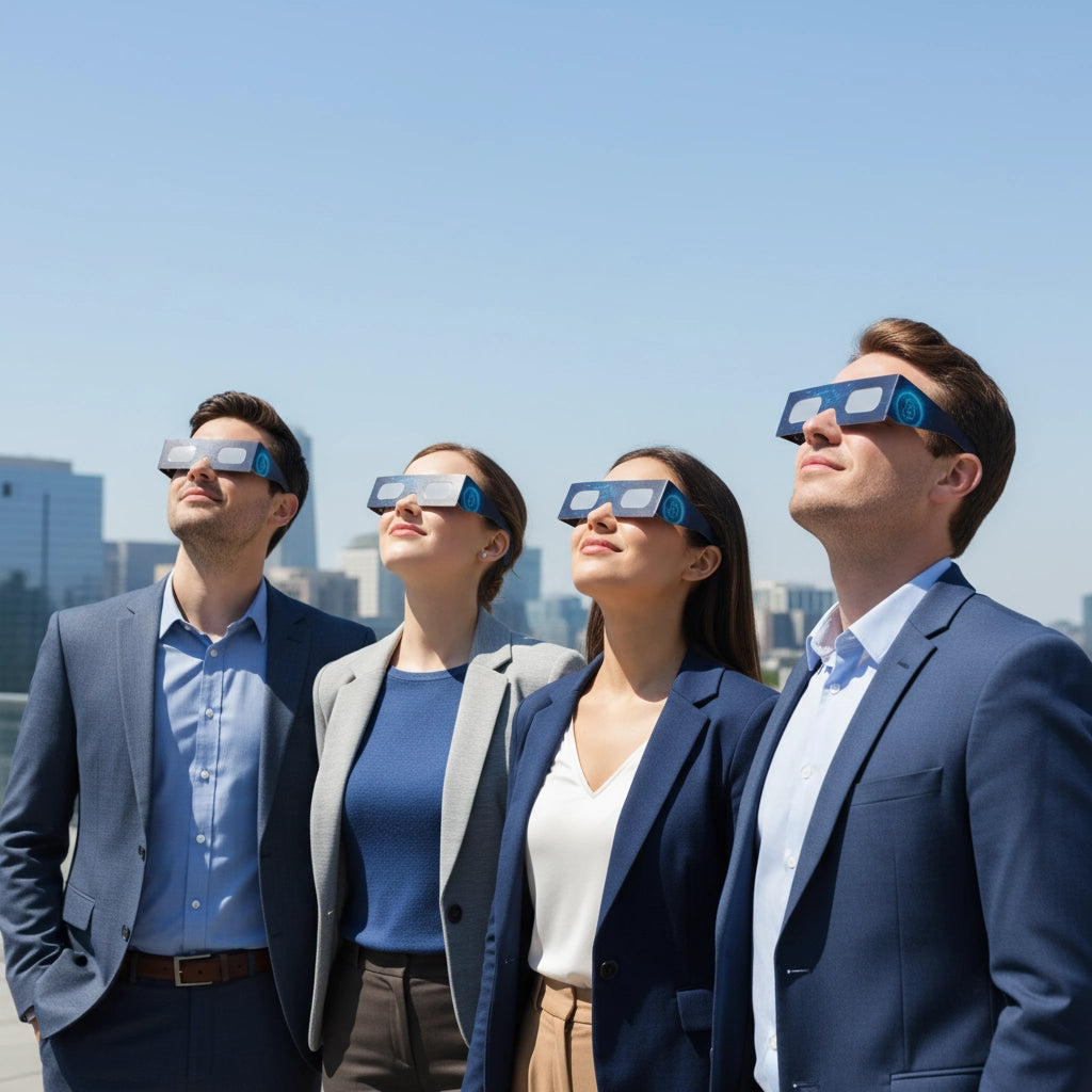 Solar Eclipse Glasses with BTC design, CE Certified and ISO Compliant - Lifestyle Image of 50-Pack