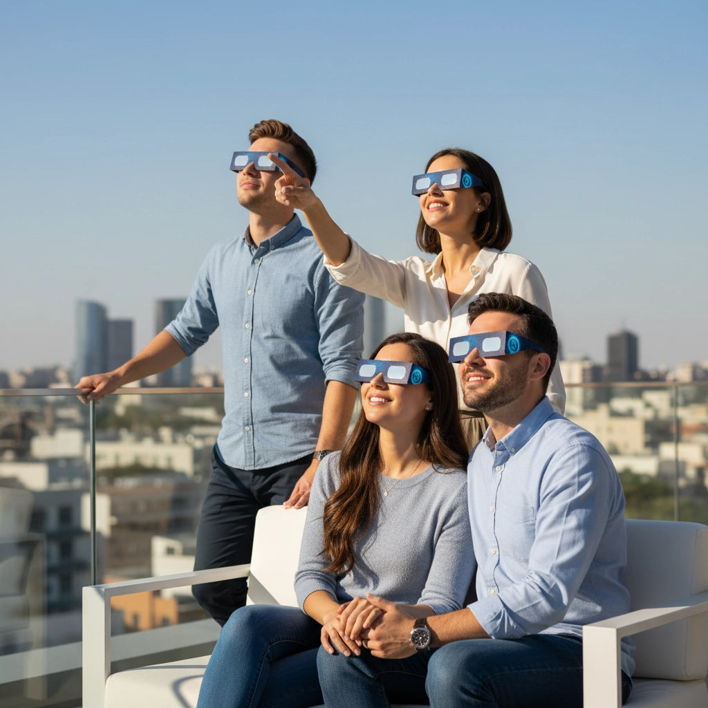 Solar Eclipse Glasses with BTC design, CE Certified and ISO Compliant - Lifestyle Image of 6-Pack