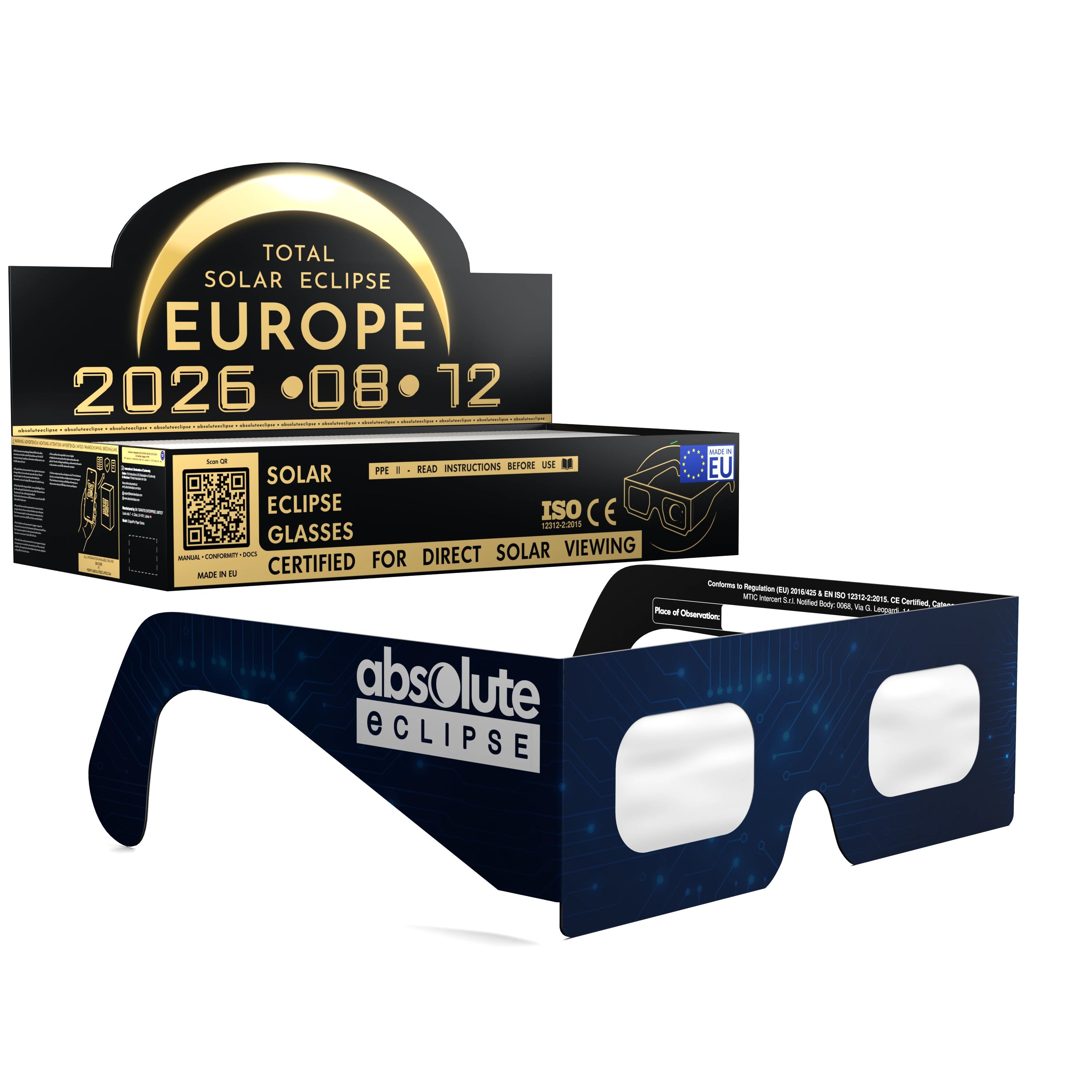 Solar Eclipse Glasses with BTC design, CE Certified and ISO Compliant - Packaging Image of 100-Pack