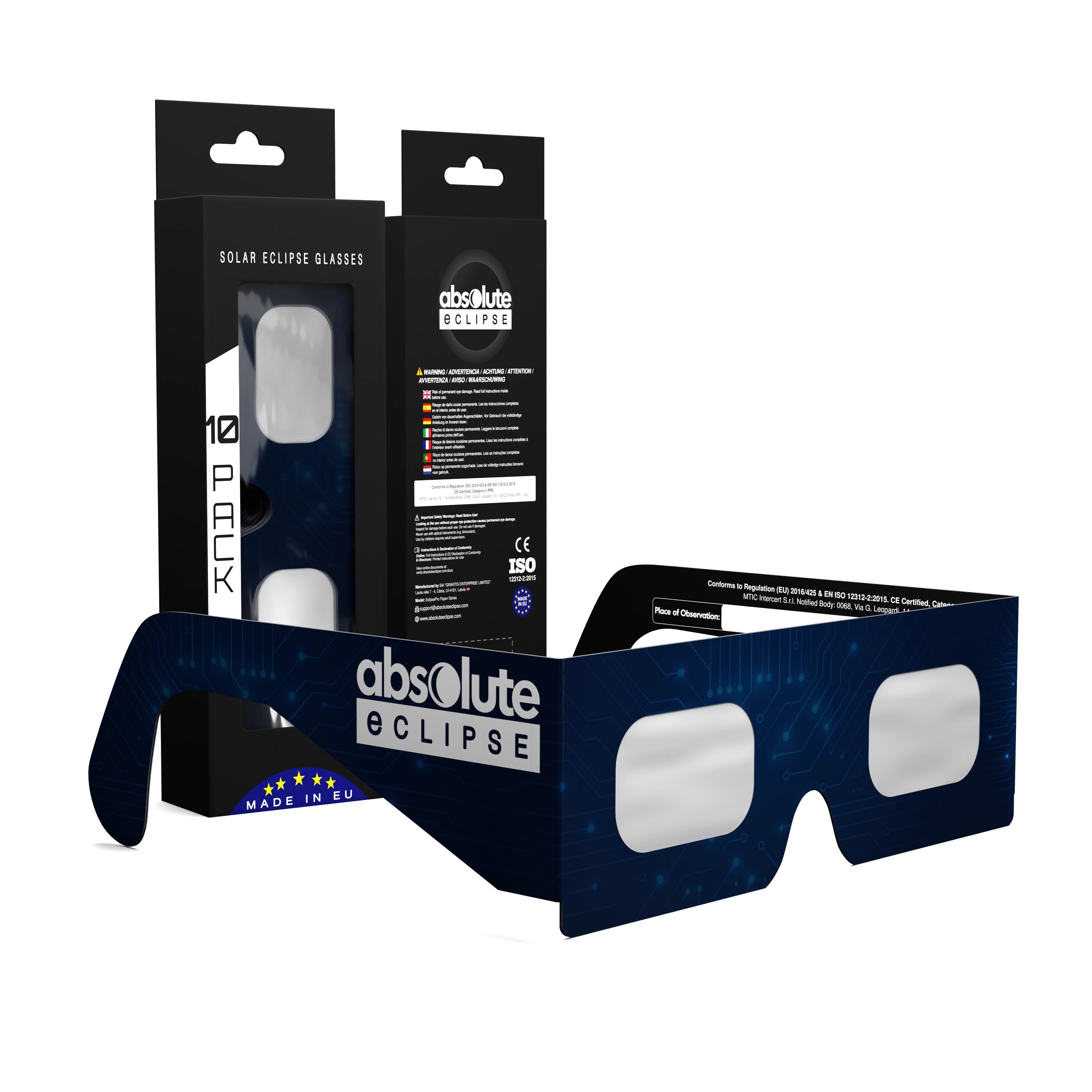 Solar Eclipse Glasses with BTC design, CE Certified and ISO Compliant - Packaging Image of 10-Pack