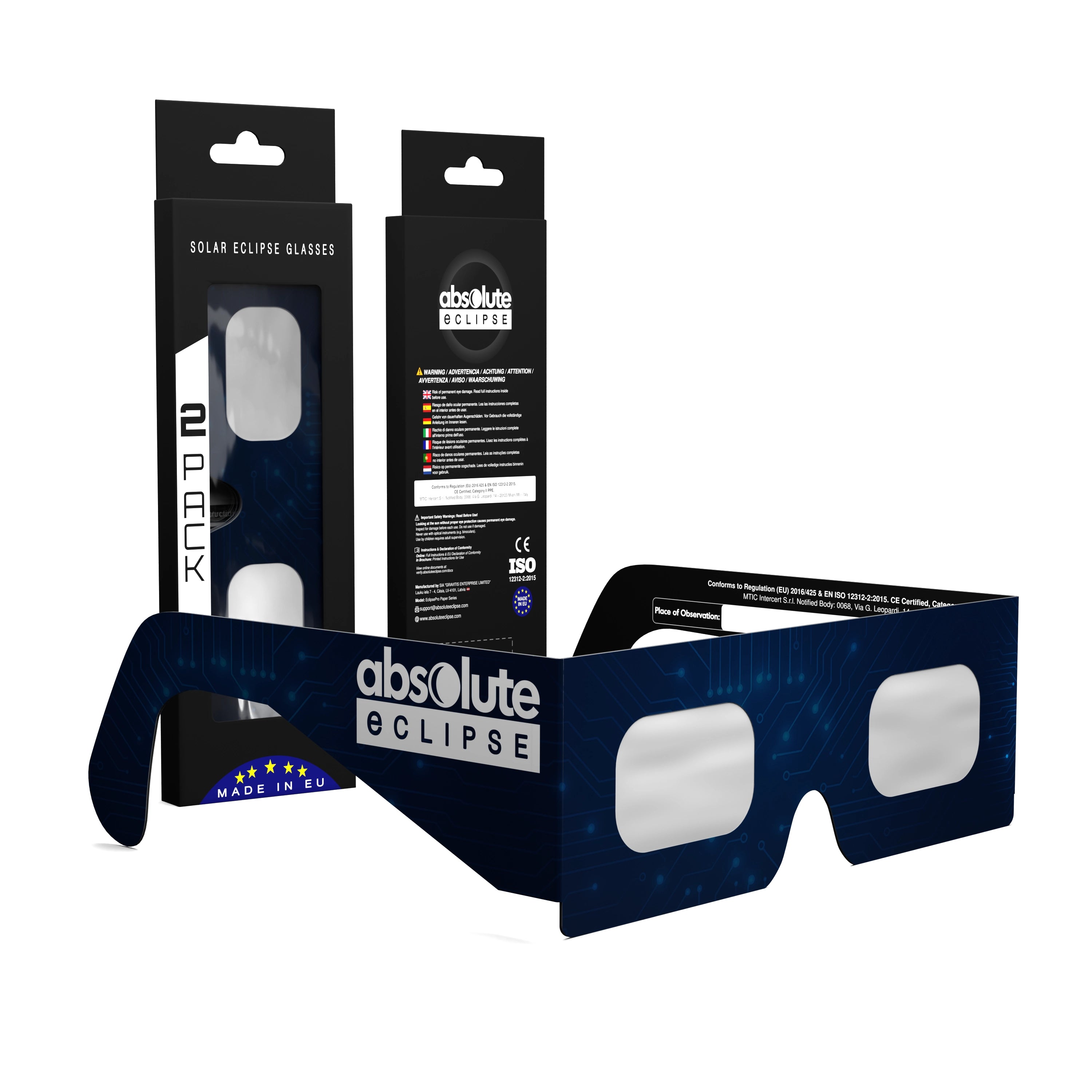 Solar Eclipse Glasses with BTC design, CE Certified and ISO Compliant - Packaging Image of 2-Pack