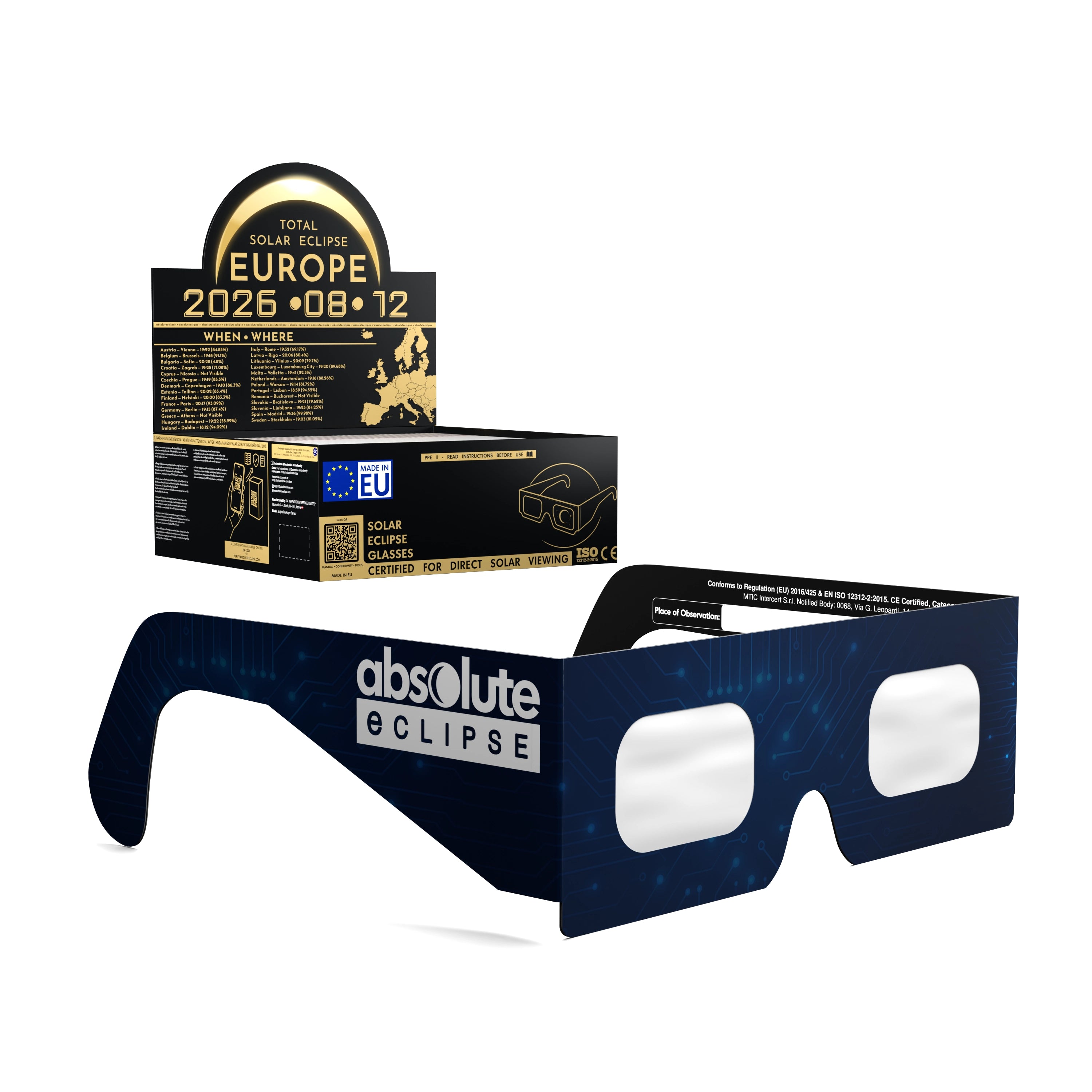 Solar Eclipse Glasses with BTC design, CE Certified and ISO Compliant - Packaging Image of 50-Pack