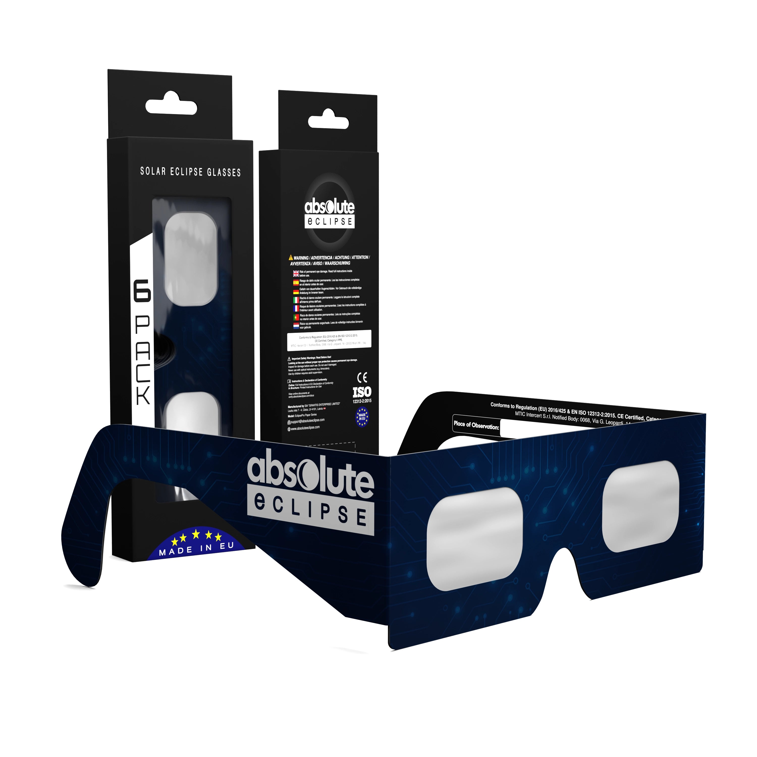 Solar Eclipse Glasses with BTC design, CE Certified and ISO Compliant - Packaging Image of 6-Pack