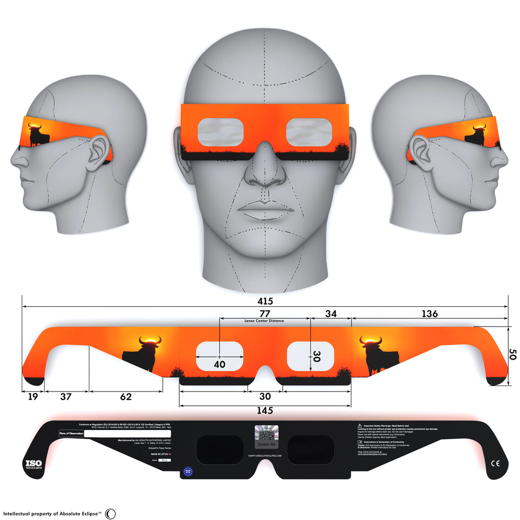 Solar Eclipse Glasses with Bull design, CE Certified and ISO Compliant - Back and Front View